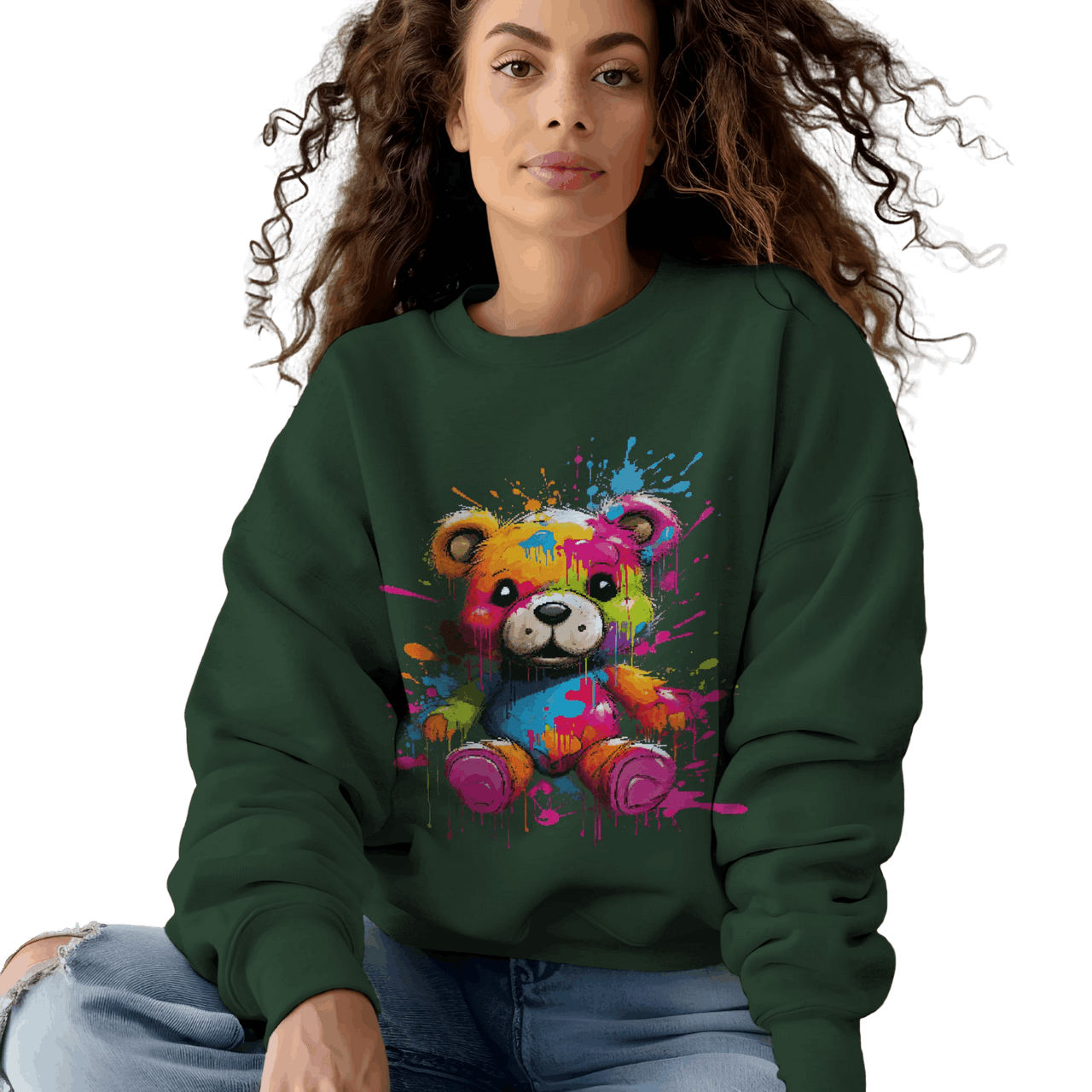 Teddy Bear Paint Splatter Crewneck Sweatshirt for Unique Style Forest Green