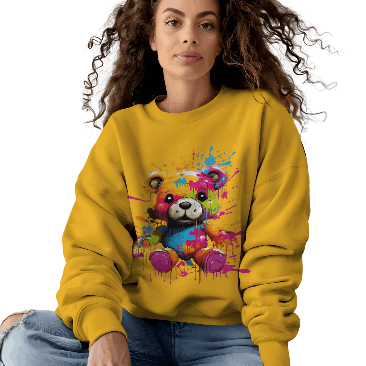 Teddy Bear Paint Splatter Crewneck Sweatshirt for Unique Style Gold