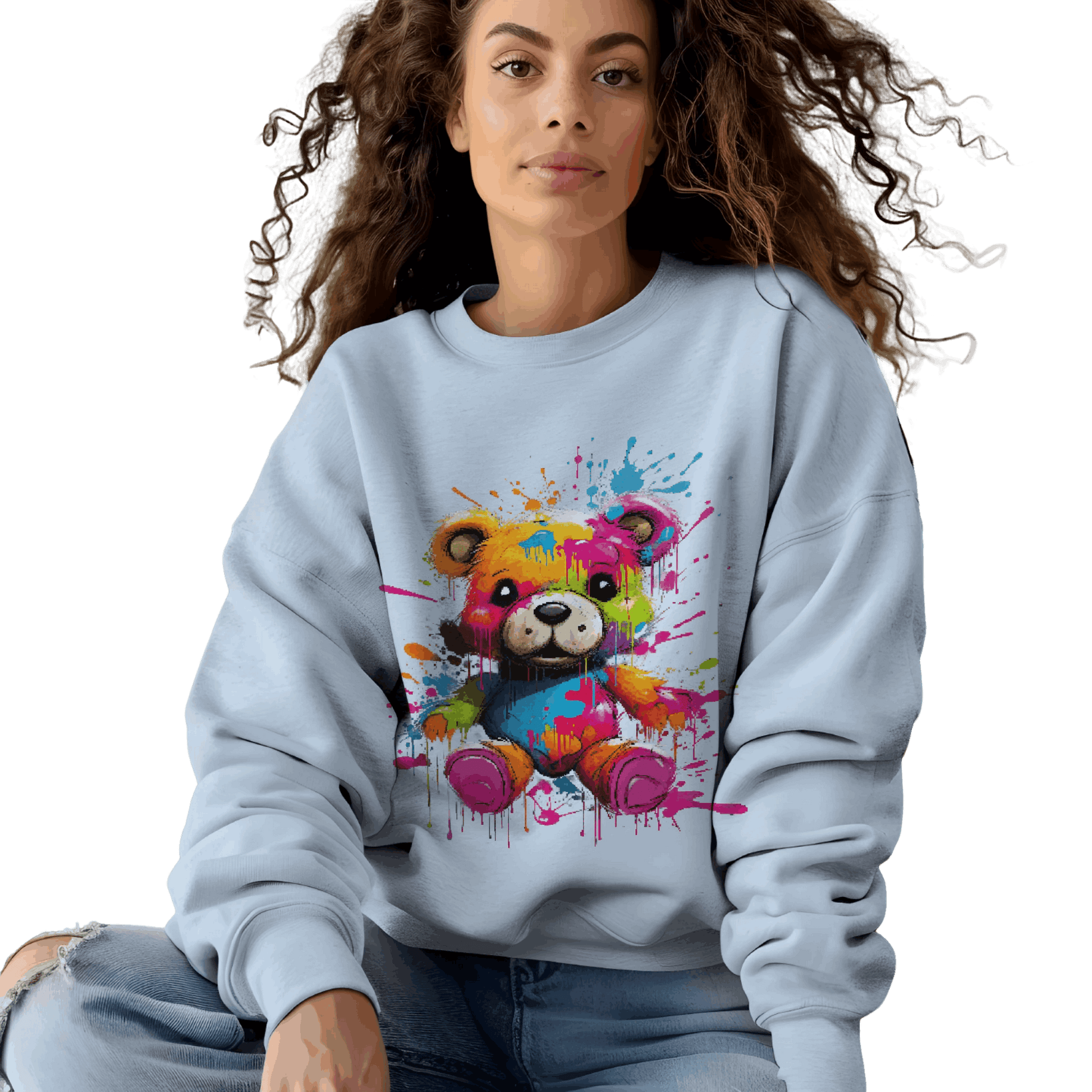 Teddy Bear Paint Splatter Crewneck Sweatshirt for Unique Style Light Blue