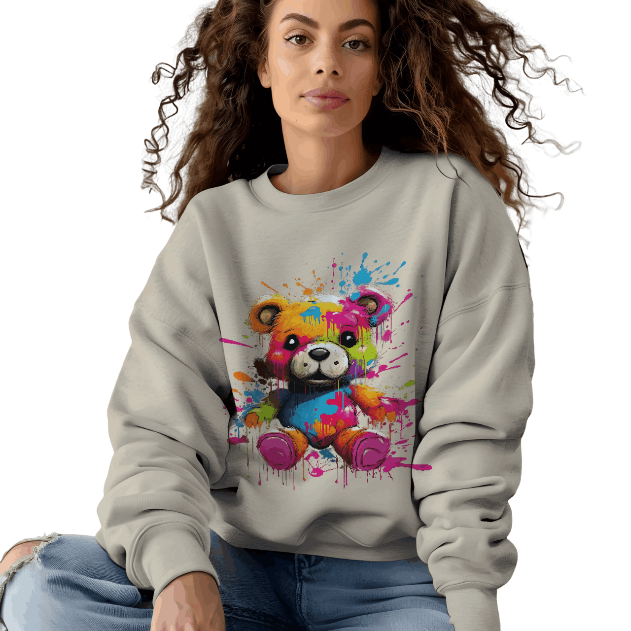 Teddy Bear Paint Splatter Crewneck Sweatshirt for Unique Style Sand