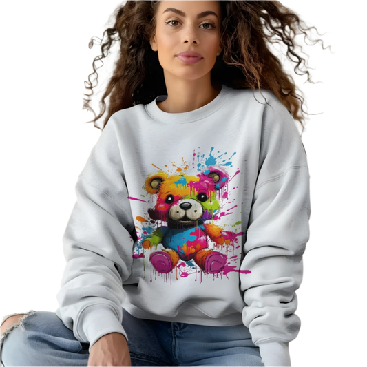 Teddy Bear Paint Splatter Crewneck Sweatshirt for Unique Style White