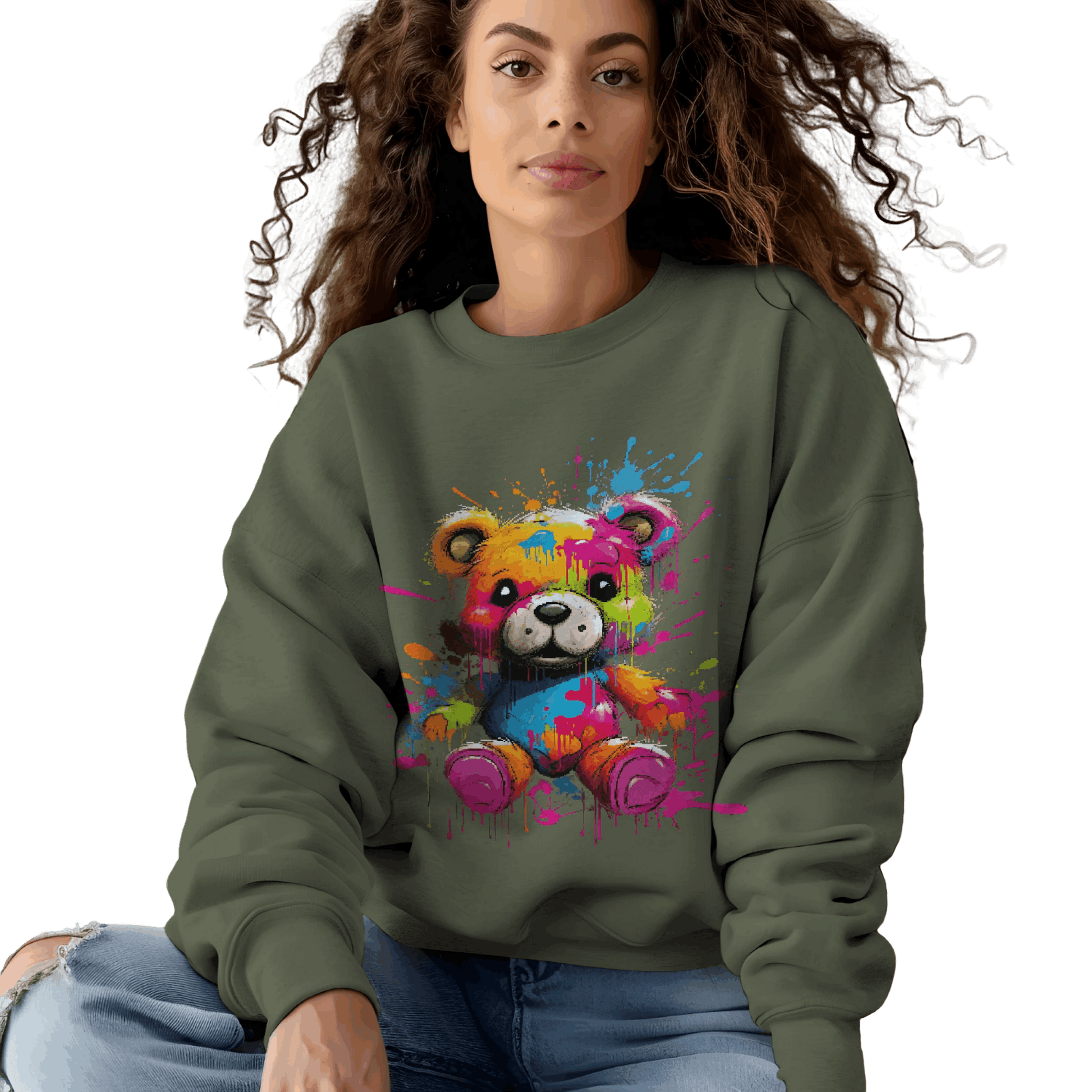 Teddy Bear Paint Splatter Crewneck Sweatshirt for Unique Style Military Green