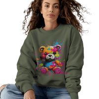 Thumbnail for Teddy Bear Paint Splatter Crewneck Sweatshirt for Unique Style Military Green