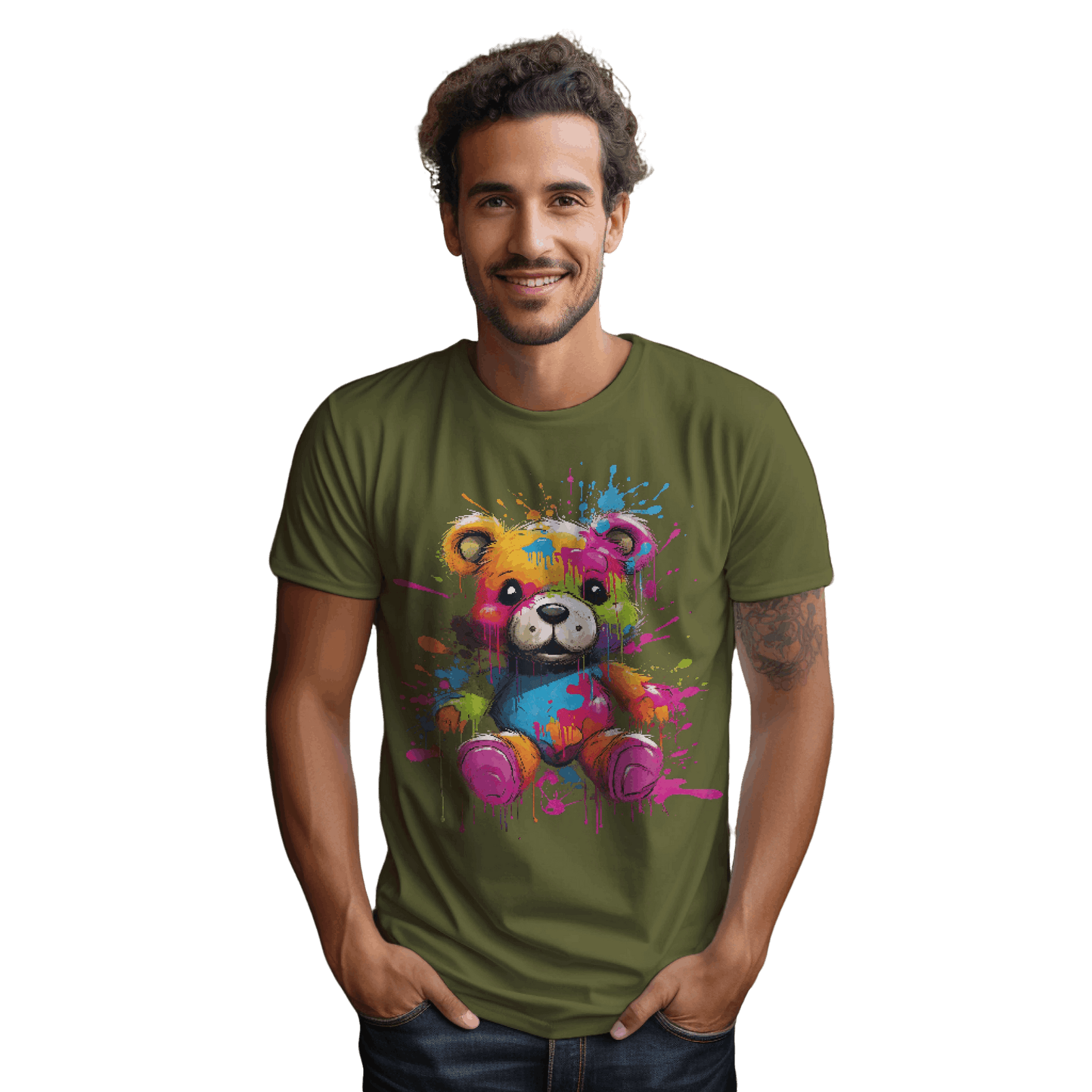 Teddy Bear Paint Splatter T-Shirt for a Colorful Statement