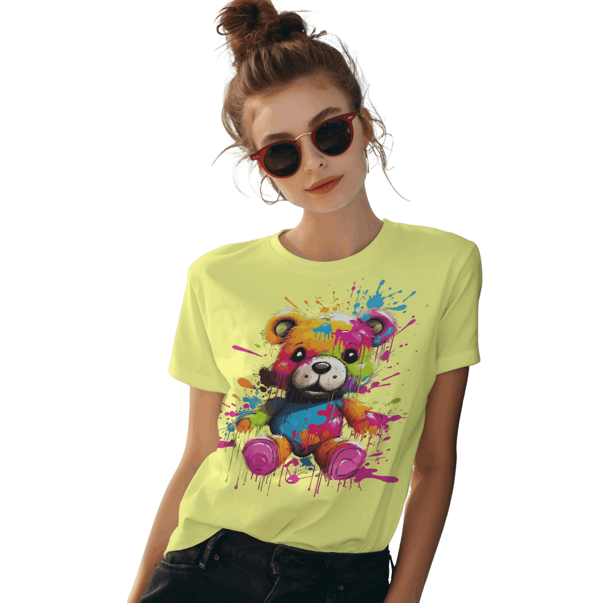 Teddy Bear Paint Splatter T-Shirt for a Colorful Statement Yellow