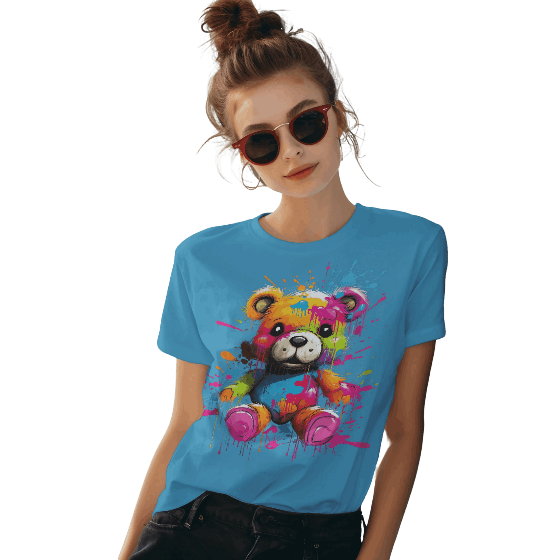 Teddy Bear Paint Splatter T-Shirt for a Colorful Statement Aqua