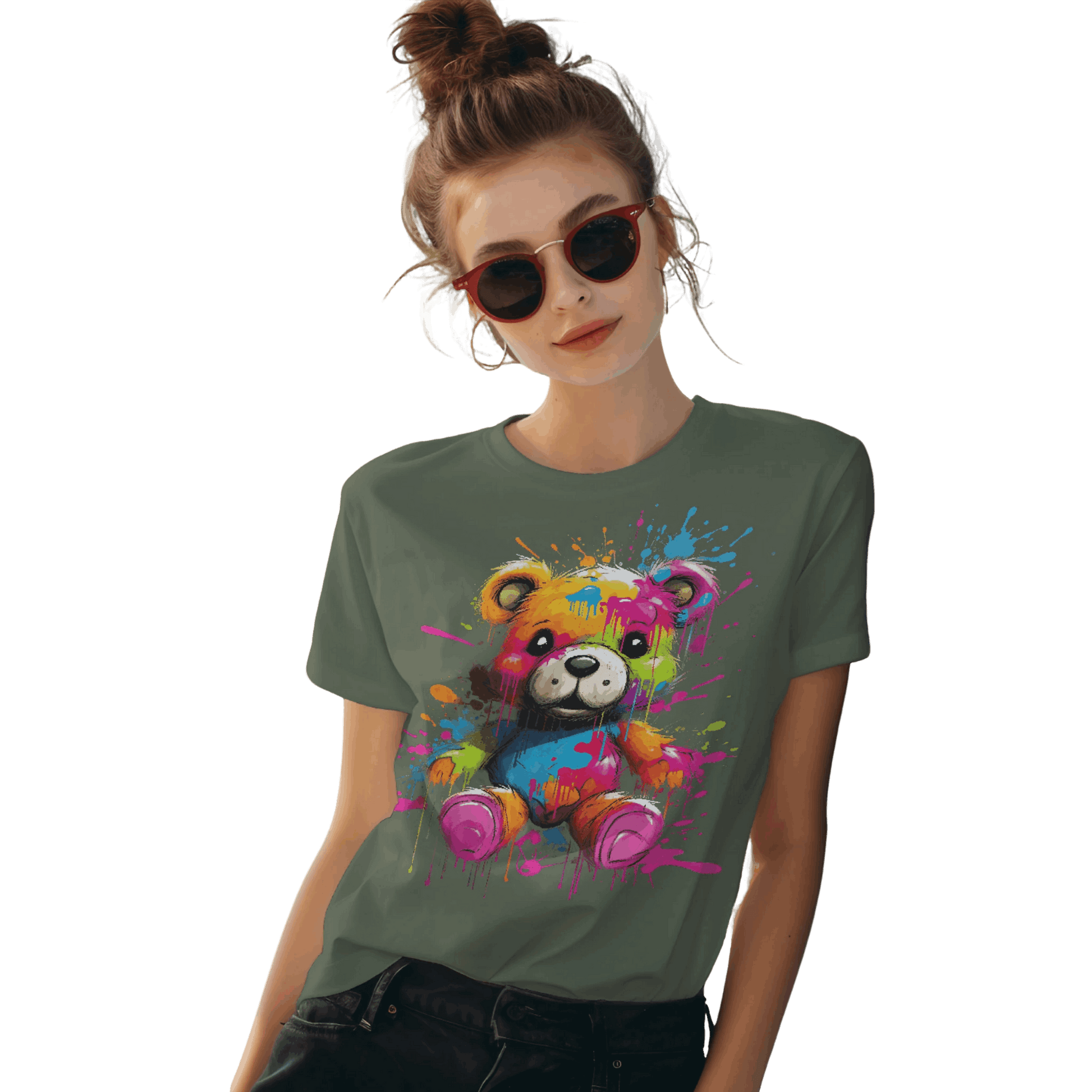 Teddy Bear Paint Splatter T-Shirt for a Colorful Statement Military Green