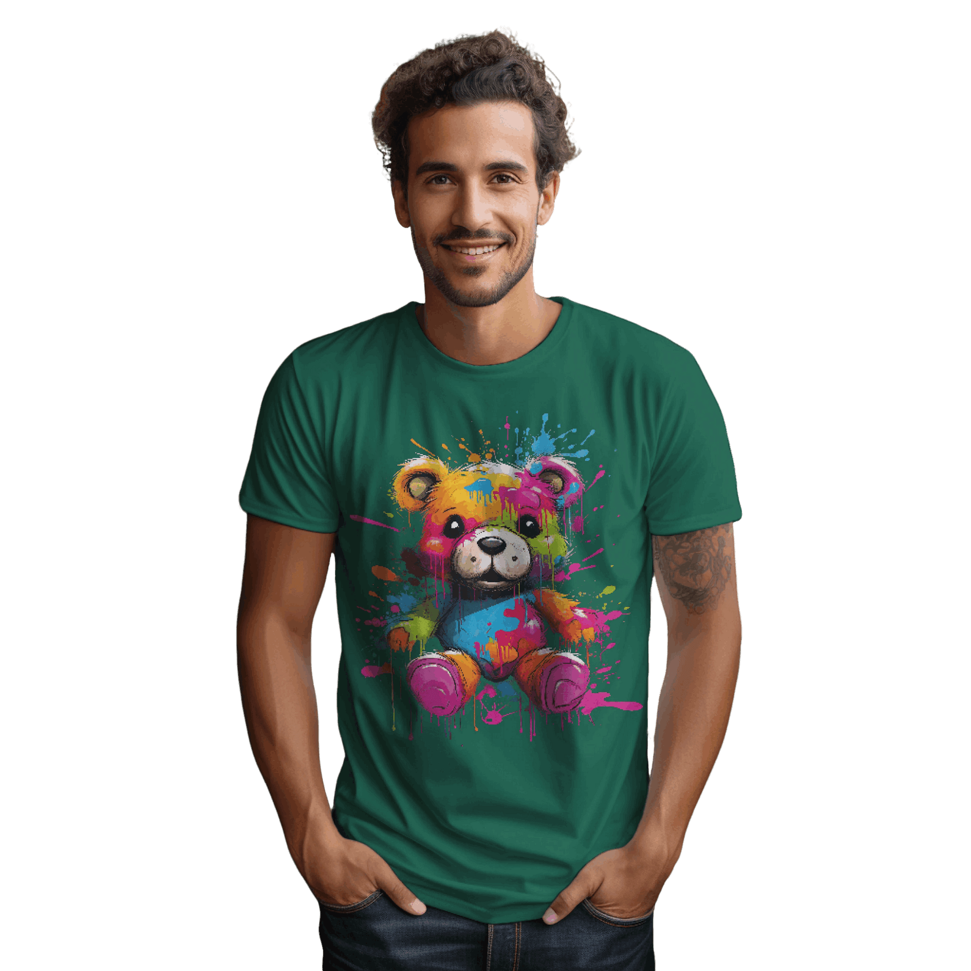 Teddy Bear Paint Splatter T-Shirt for a Colorful Statement