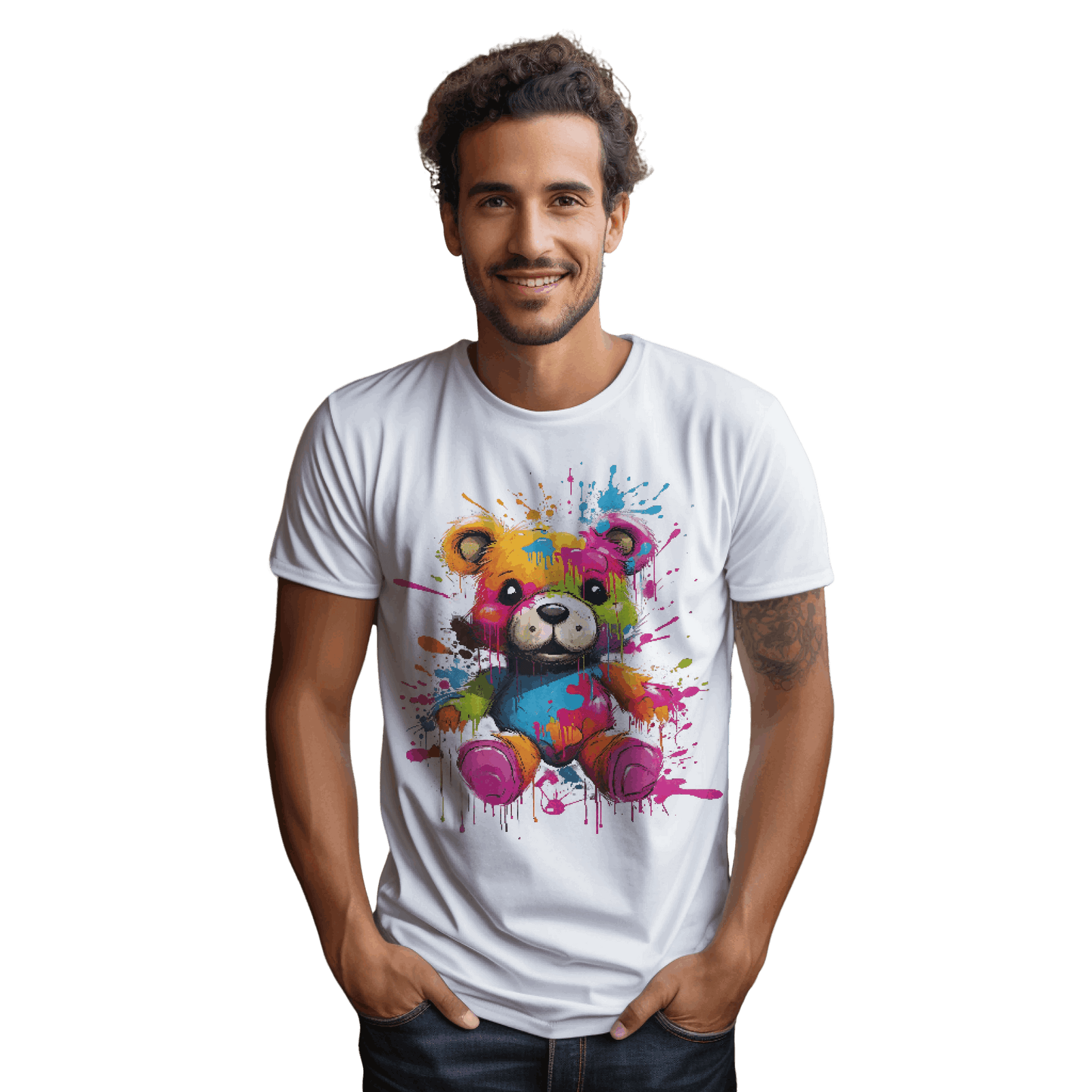 Teddy Bear Paint Splatter T-Shirt for a Colorful Statement