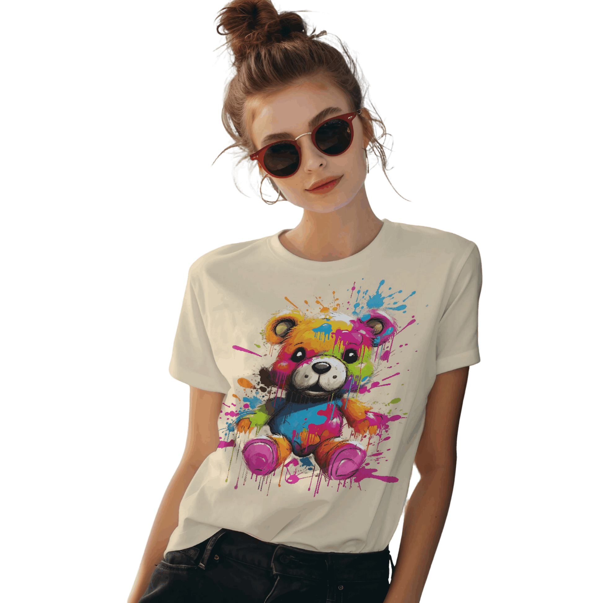 Teddy Bear Paint Splatter T-Shirt for a Colorful Statement Soft Cream