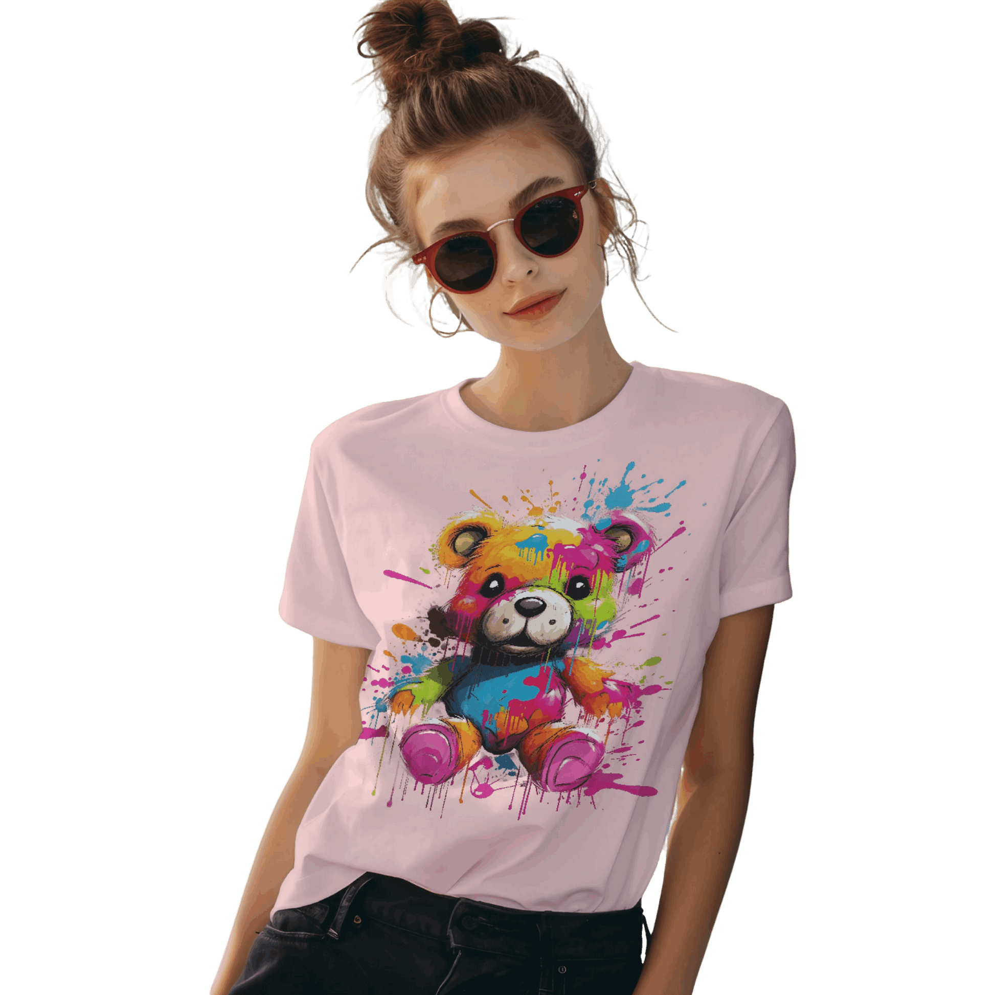 Teddy Bear Paint Splatter T-Shirt for a Colorful Statement Pink