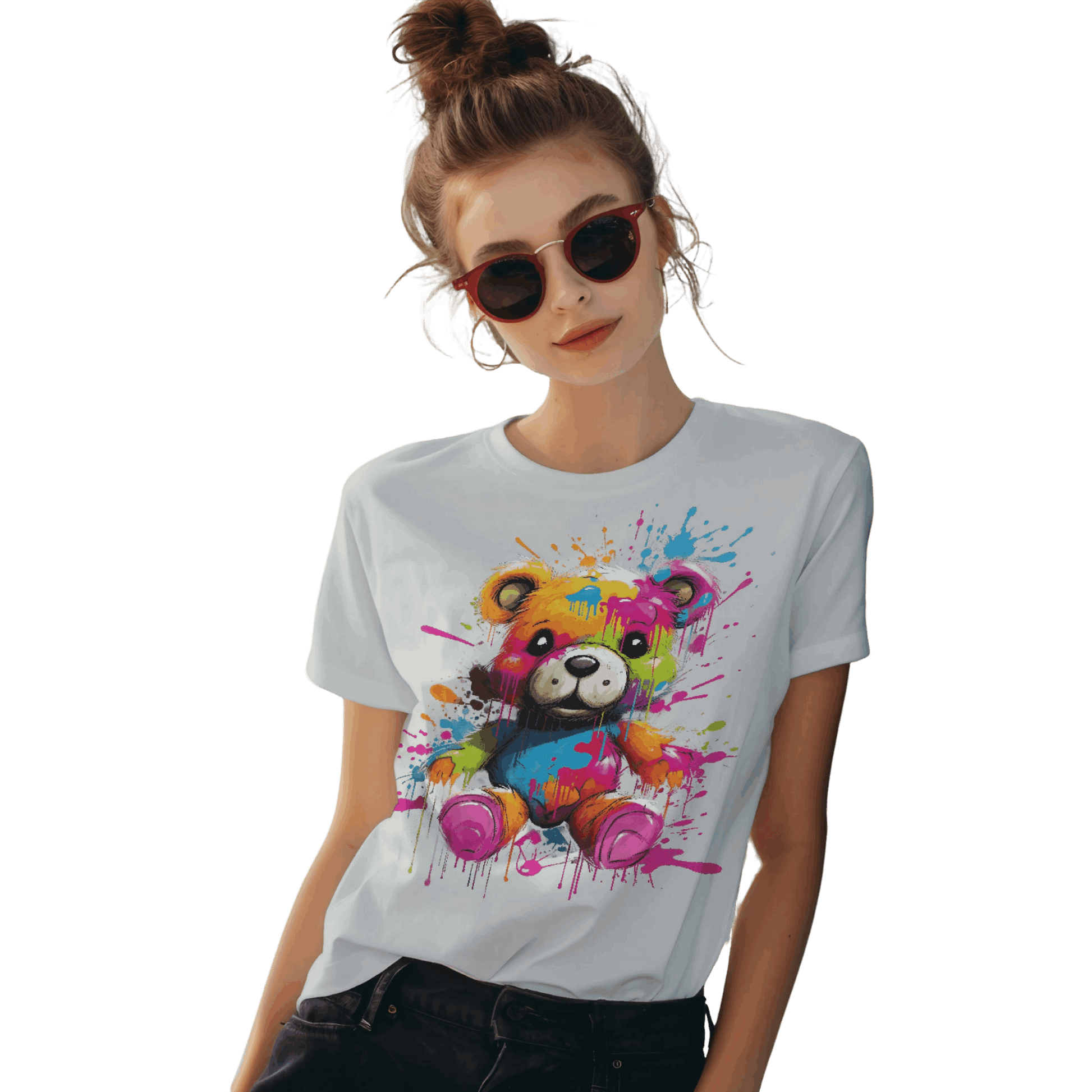 Teddy Bear Paint Splatter T-Shirt for a Colorful Statement Silver