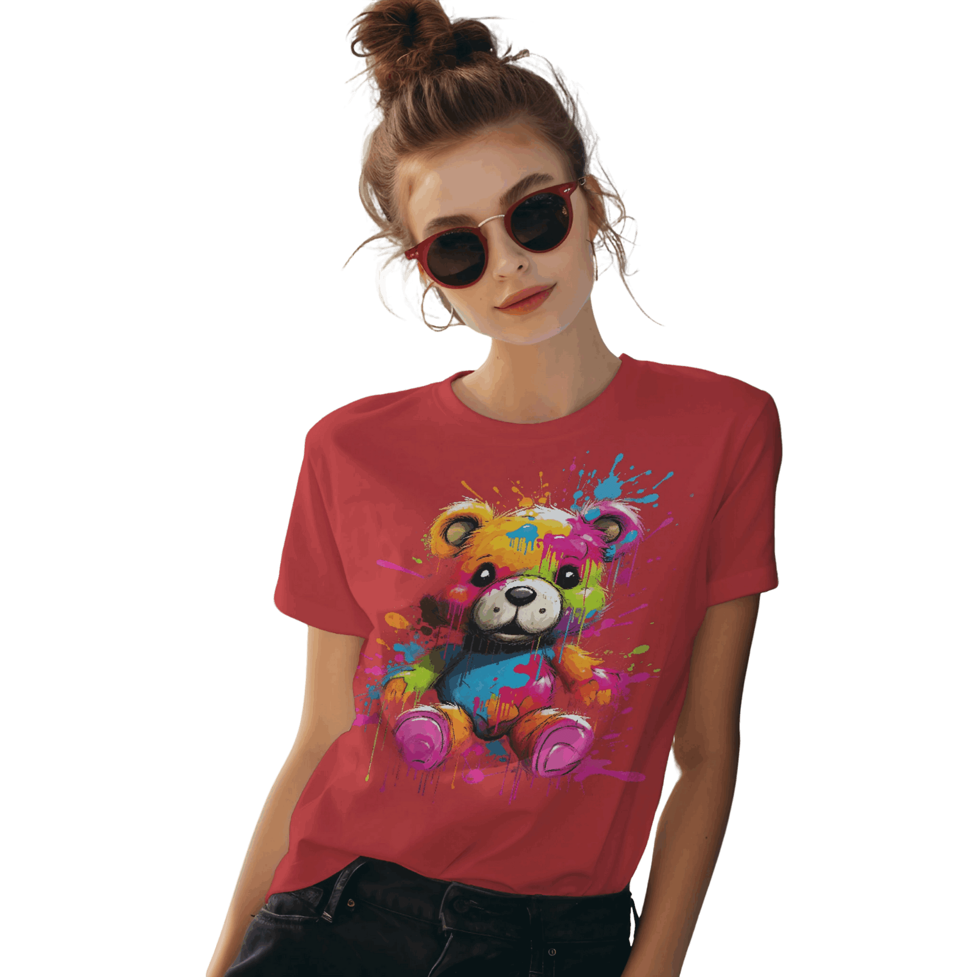 Teddy Bear Paint Splatter T-Shirt for a Colorful Statement Red