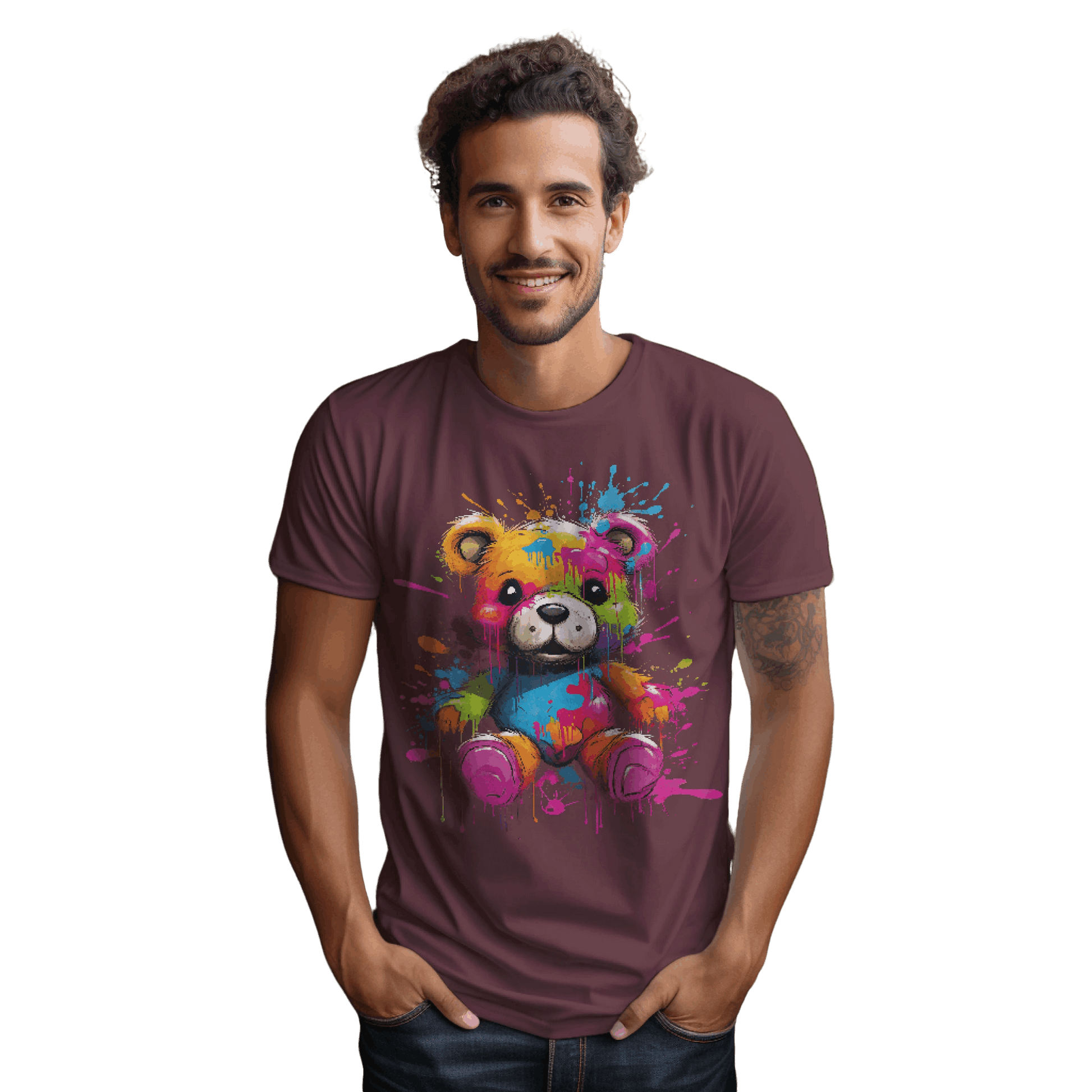 Teddy Bear Paint Splatter T-Shirt for a Colorful Statement