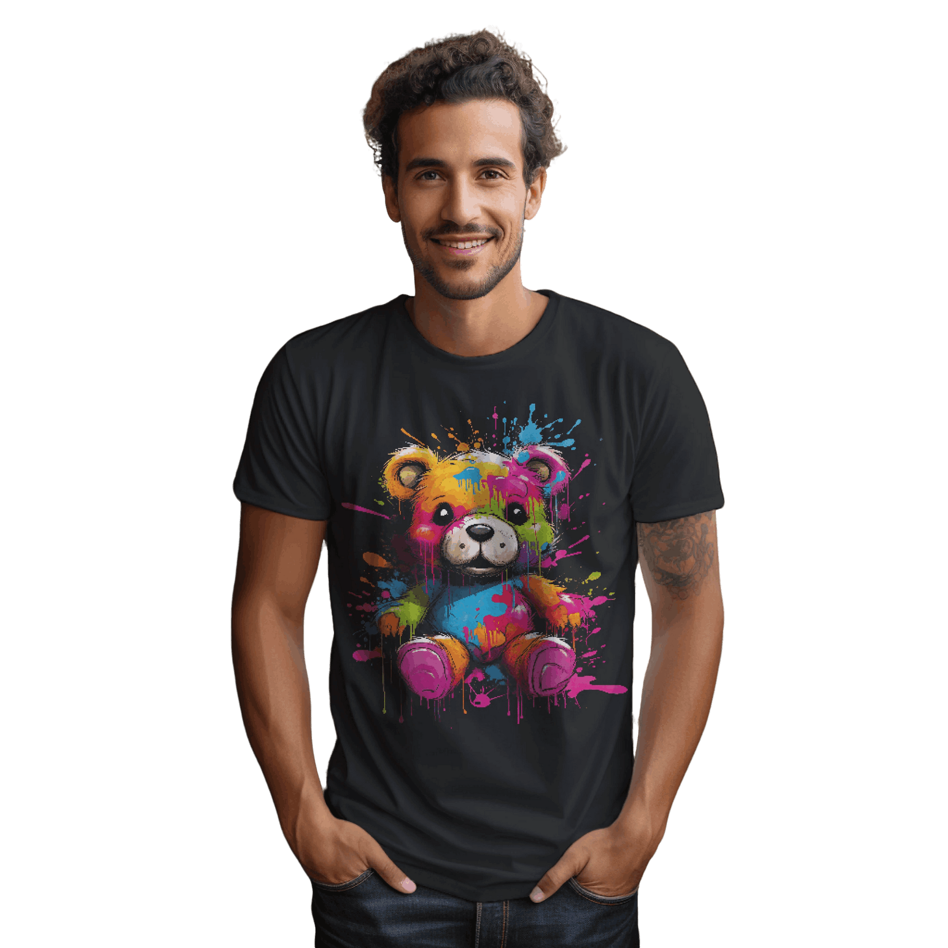 Teddy Bear Paint Splatter T-Shirt for a Colorful Statement