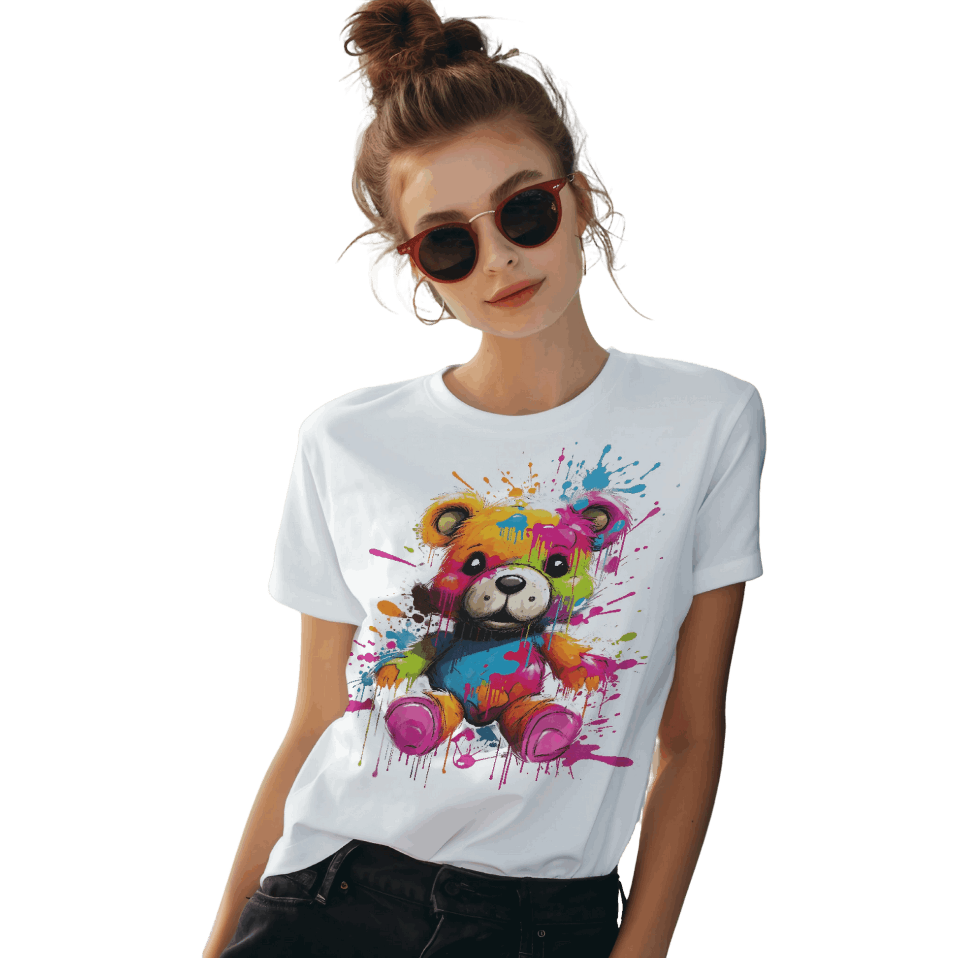 Teddy Bear Paint Splatter T-Shirt for a Colorful Statement White