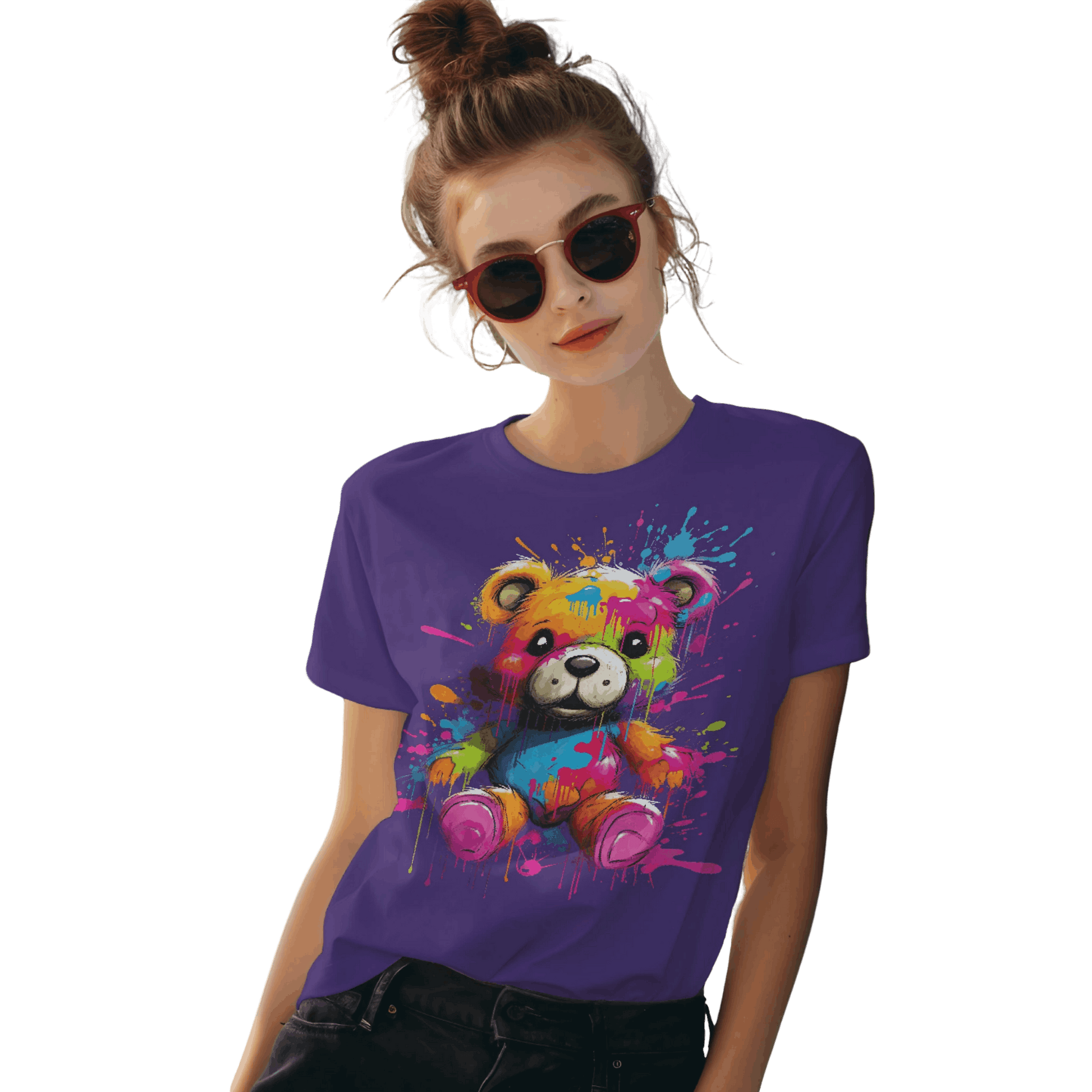 Teddy Bear Paint Splatter T-Shirt for a Colorful Statement Team Purple