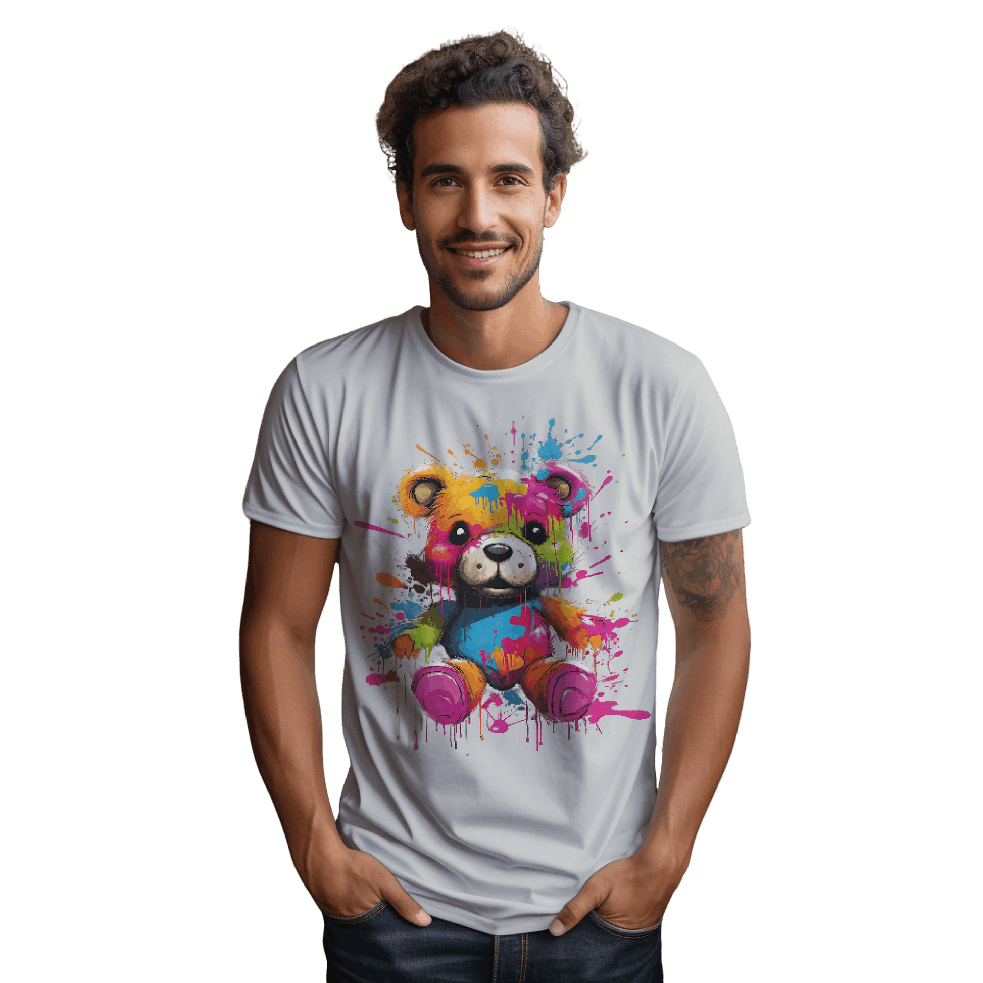 Teddy Bear Paint Splatter T-Shirt for a Colorful Statement