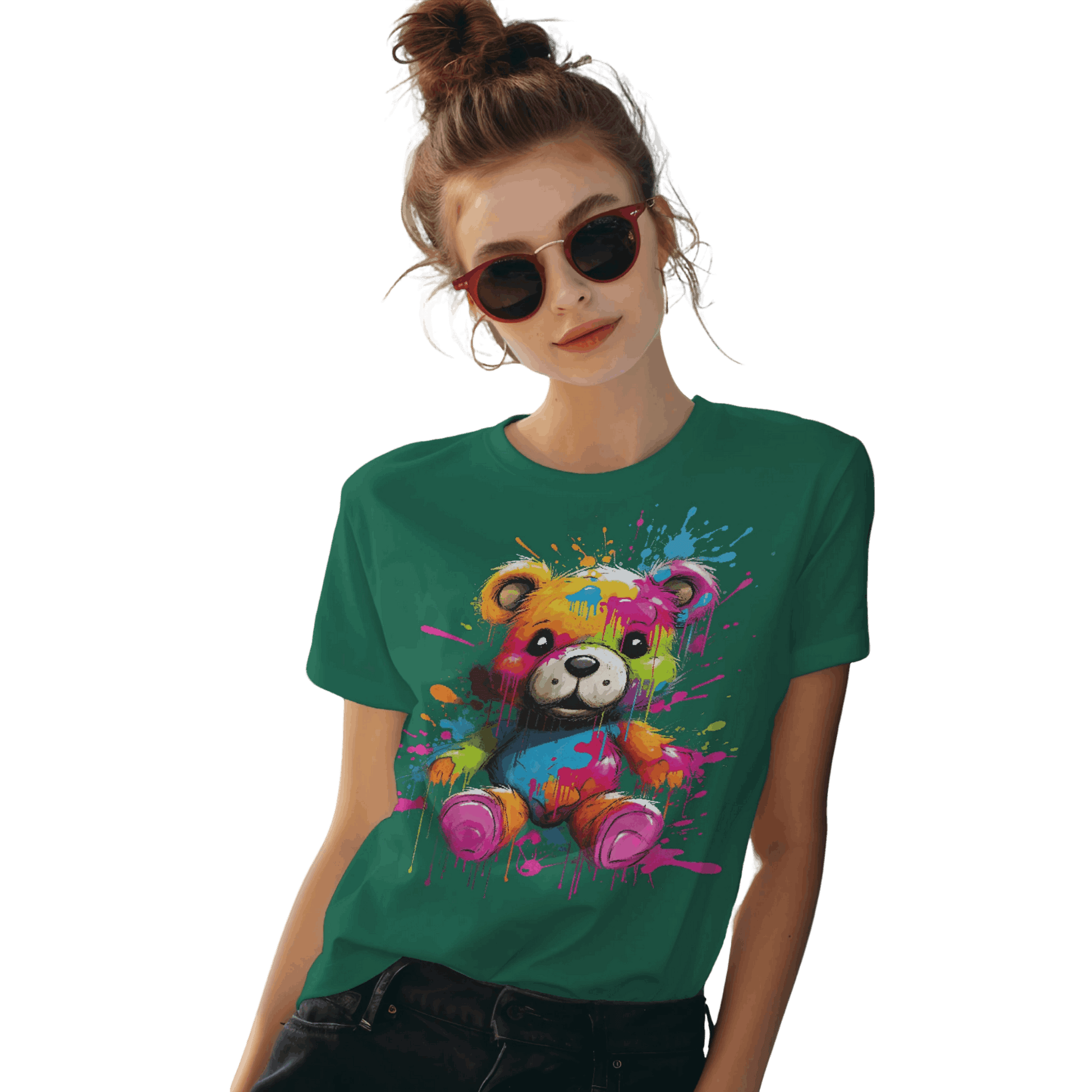 Teddy Bear Paint Splatter T-Shirt for a Colorful Statement Kelly