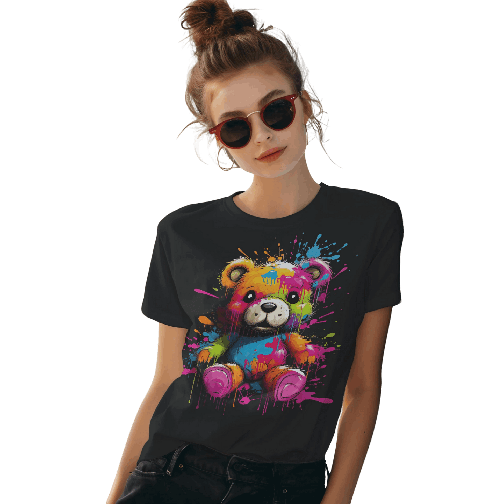 Teddy Bear Paint Splatter T-Shirt for a Colorful Statement Black