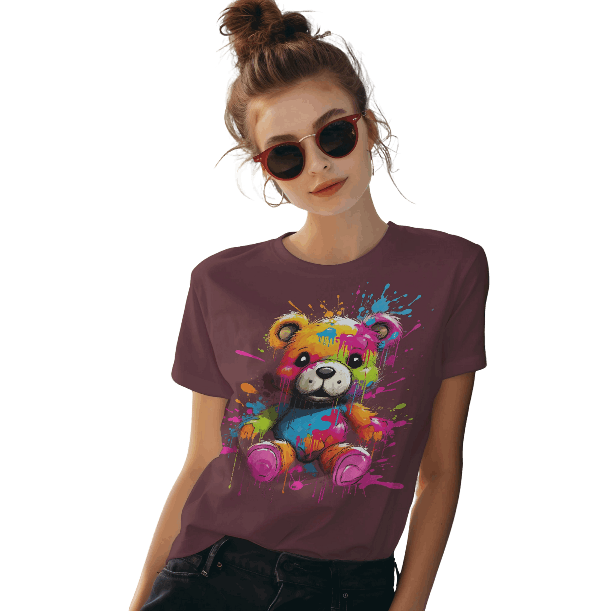 Teddy Bear Paint Splatter T-Shirt for a Colorful Statement Maroon