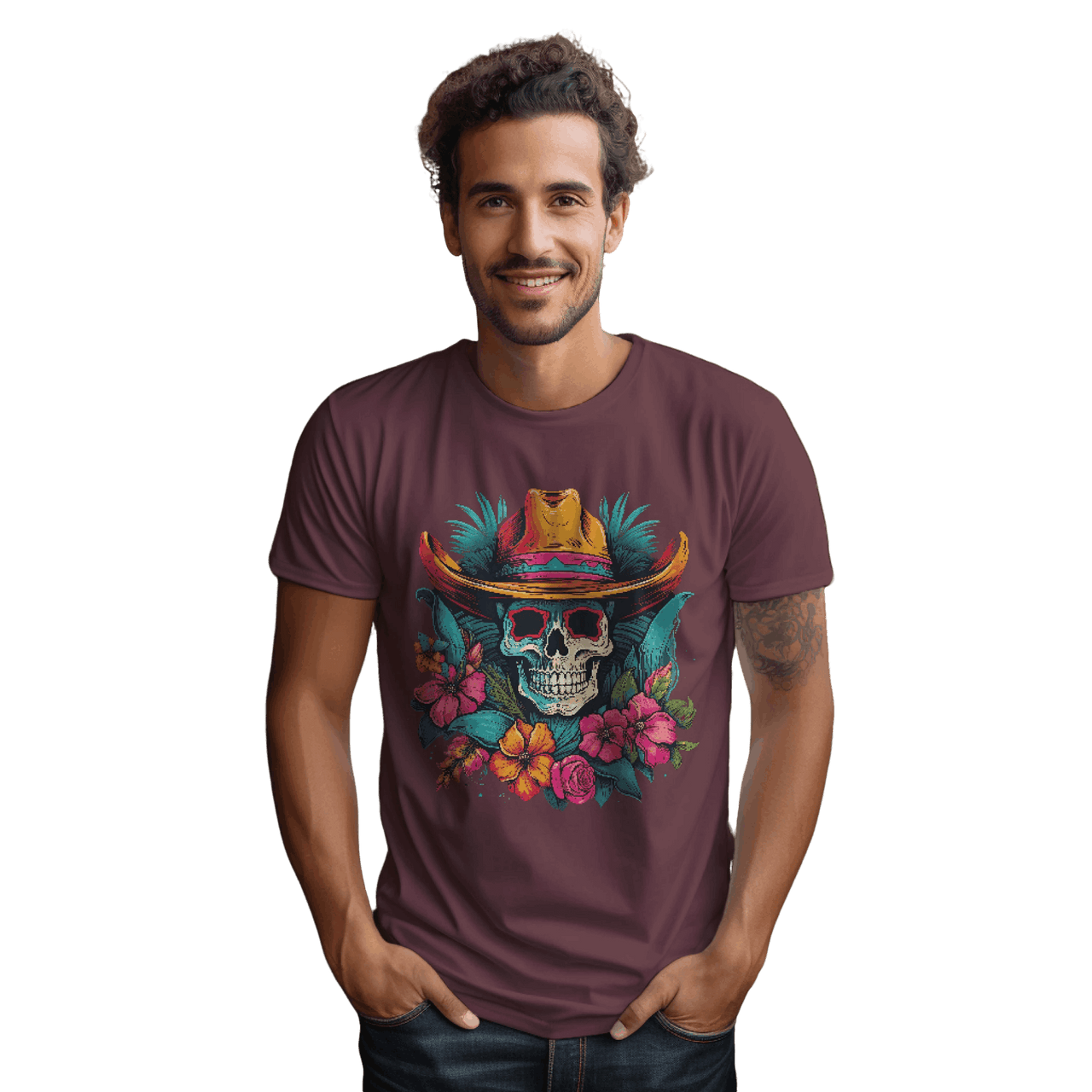 Tropical Cowboy Skull T-Shirt for Bold Style and Unique Statements Maroon