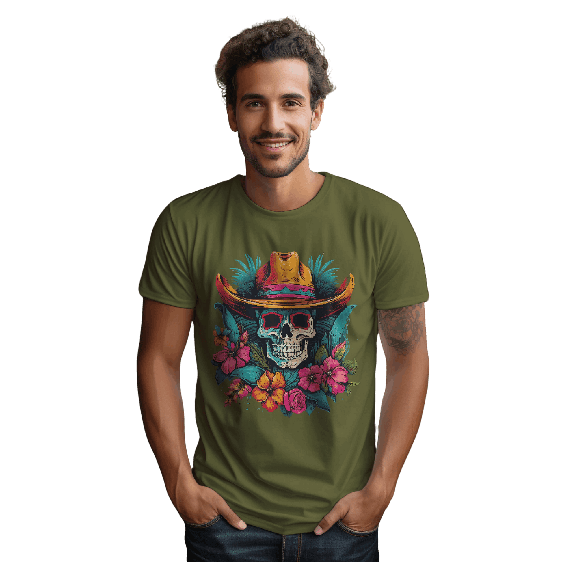 Tropical Cowboy Skull T-Shirt for Bold Style and Unique Statements Olive