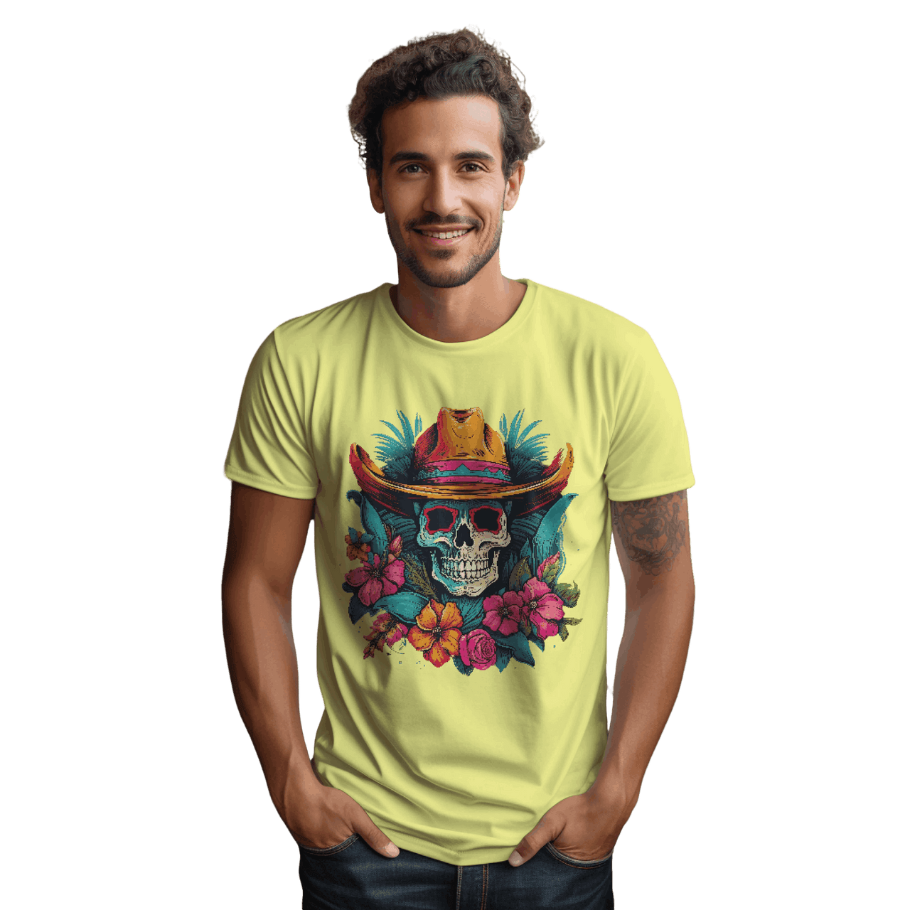 Tropical Cowboy Skull T-Shirt for Bold Style and Unique Statements Yellow