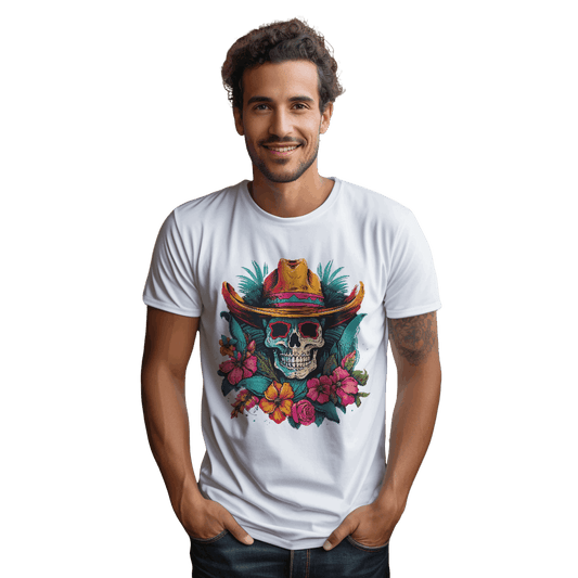 Tropical Cowboy Skull T-Shirt for Bold Style and Unique Statements White