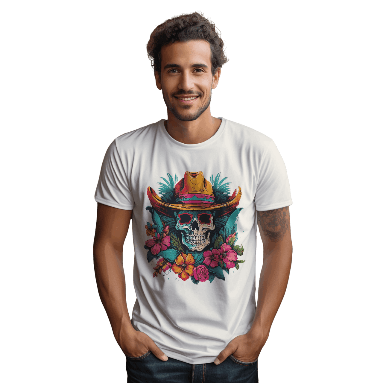 Tropical Cowboy Skull T-Shirt for Bold Style and Unique Statements Natural