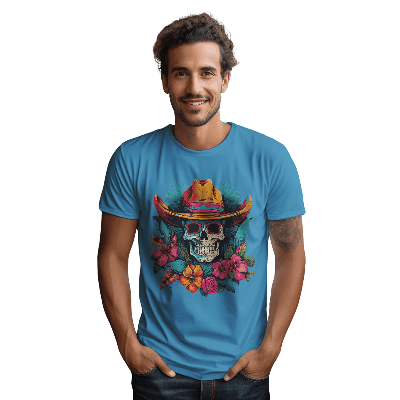 Tropical Cowboy Skull T-Shirt for Bold Style and Unique Statements Aqua