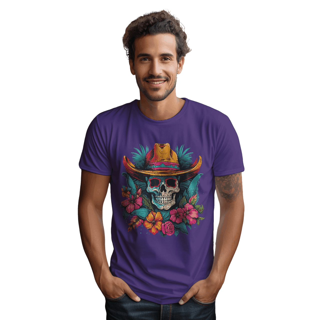 Tropical Cowboy Skull T-Shirt for Bold Style and Unique Statements Team Purple