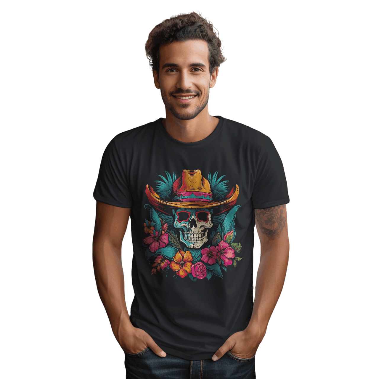 Tropical Cowboy Skull T-Shirt for Bold Style and Unique Statements Black