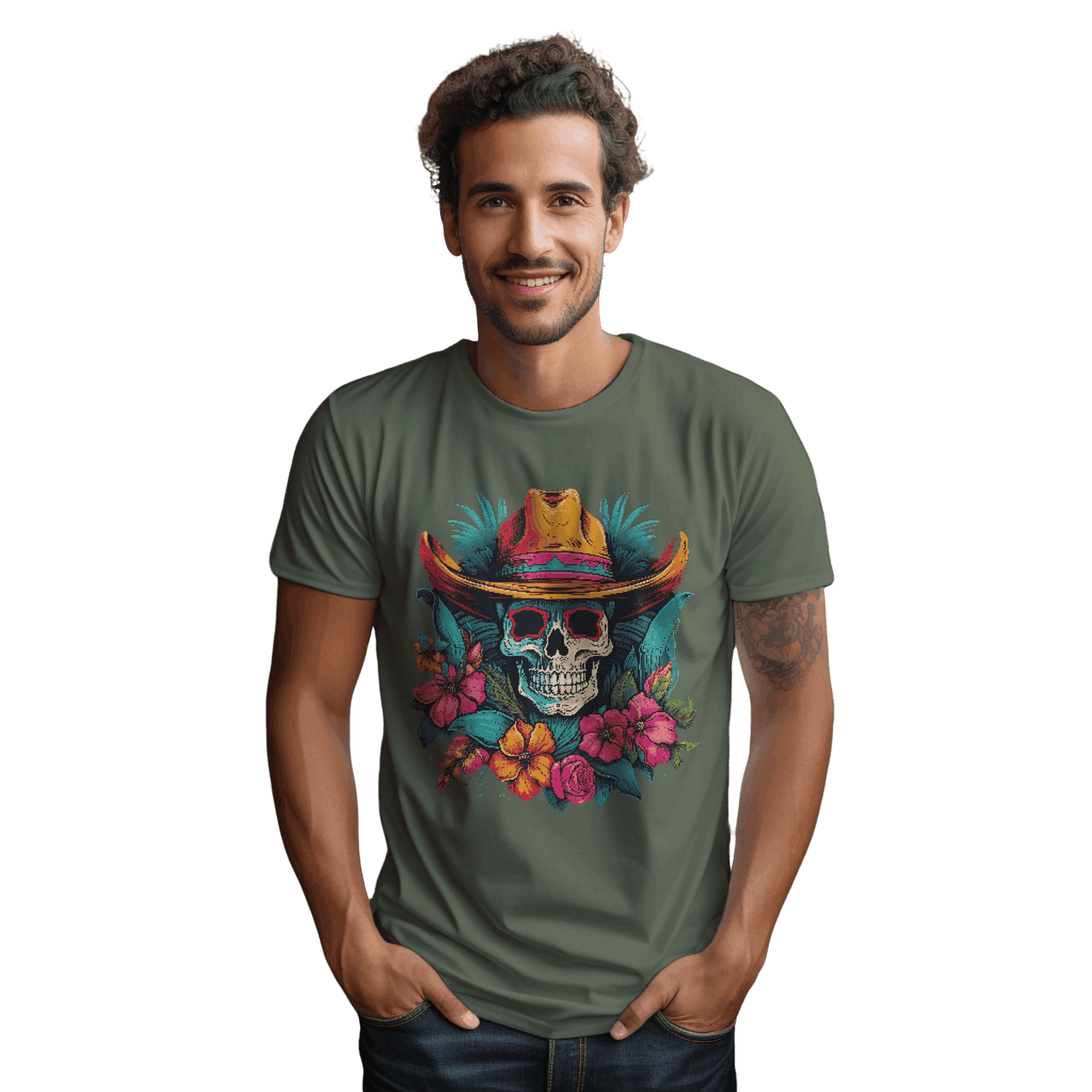 Tropical Cowboy Skull T-Shirt for Bold Style and Unique Statements Military Green