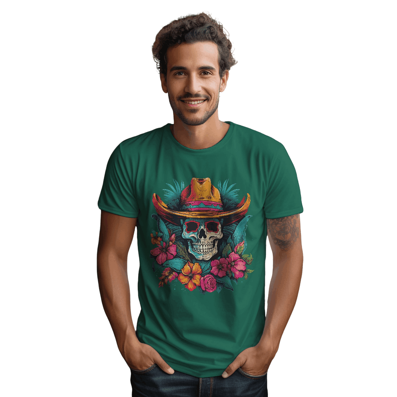 Tropical Cowboy Skull T-Shirt for Bold Style and Unique Statements Kelly