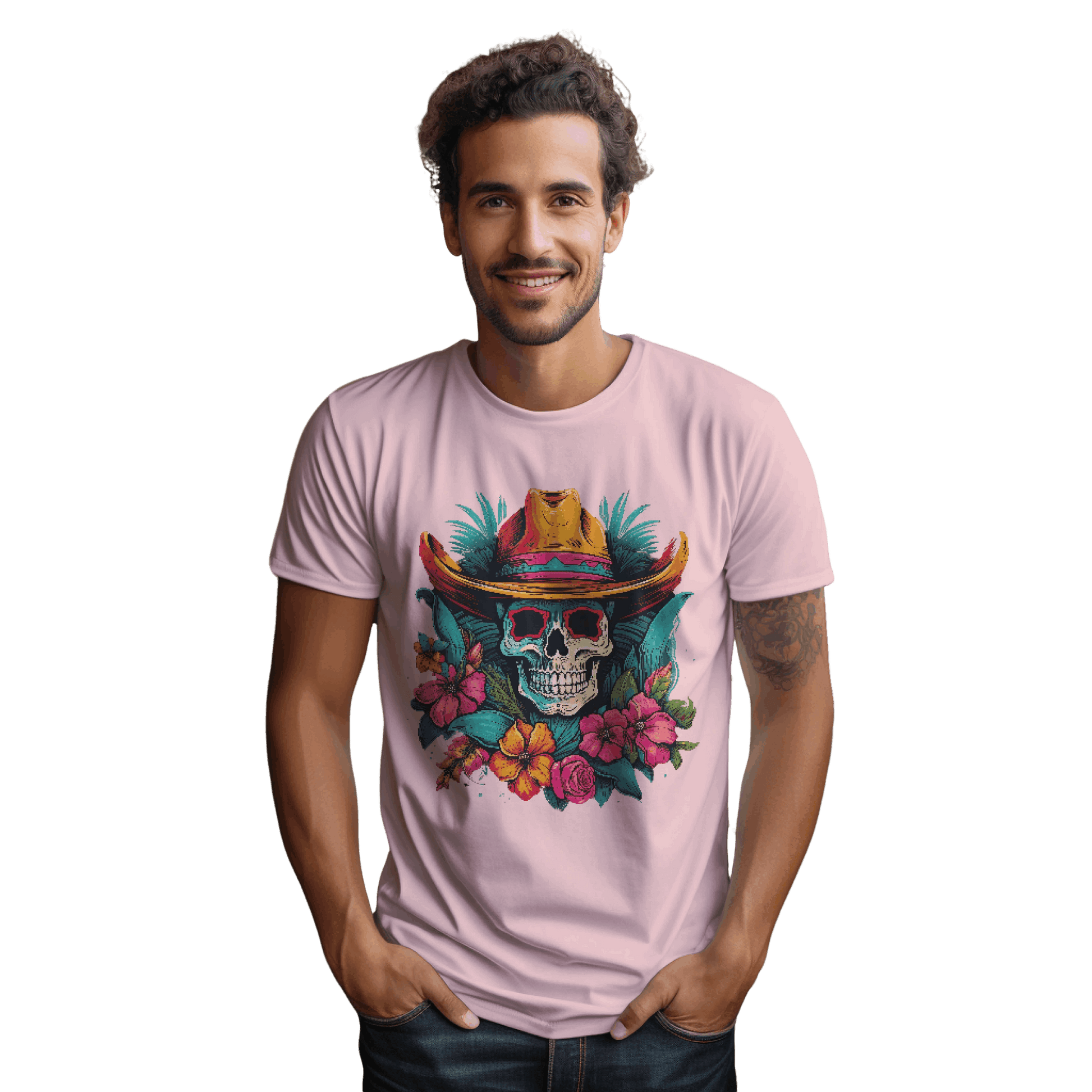 Tropical Cowboy Skull T-Shirt for Bold Style and Unique Statements Pink