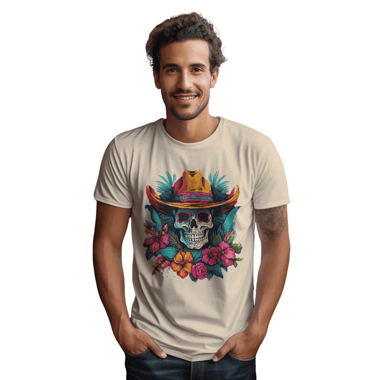 Tropical Cowboy Skull T-Shirt for Bold Style and Unique Statements Soft Cream