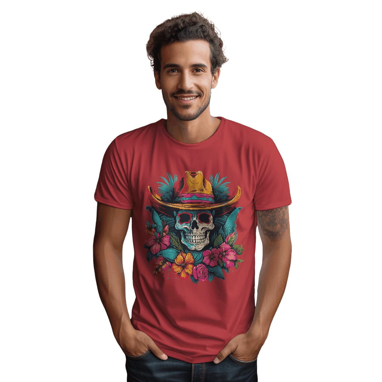 Tropical Cowboy Skull T-Shirt for Bold Style and Unique Statements Red