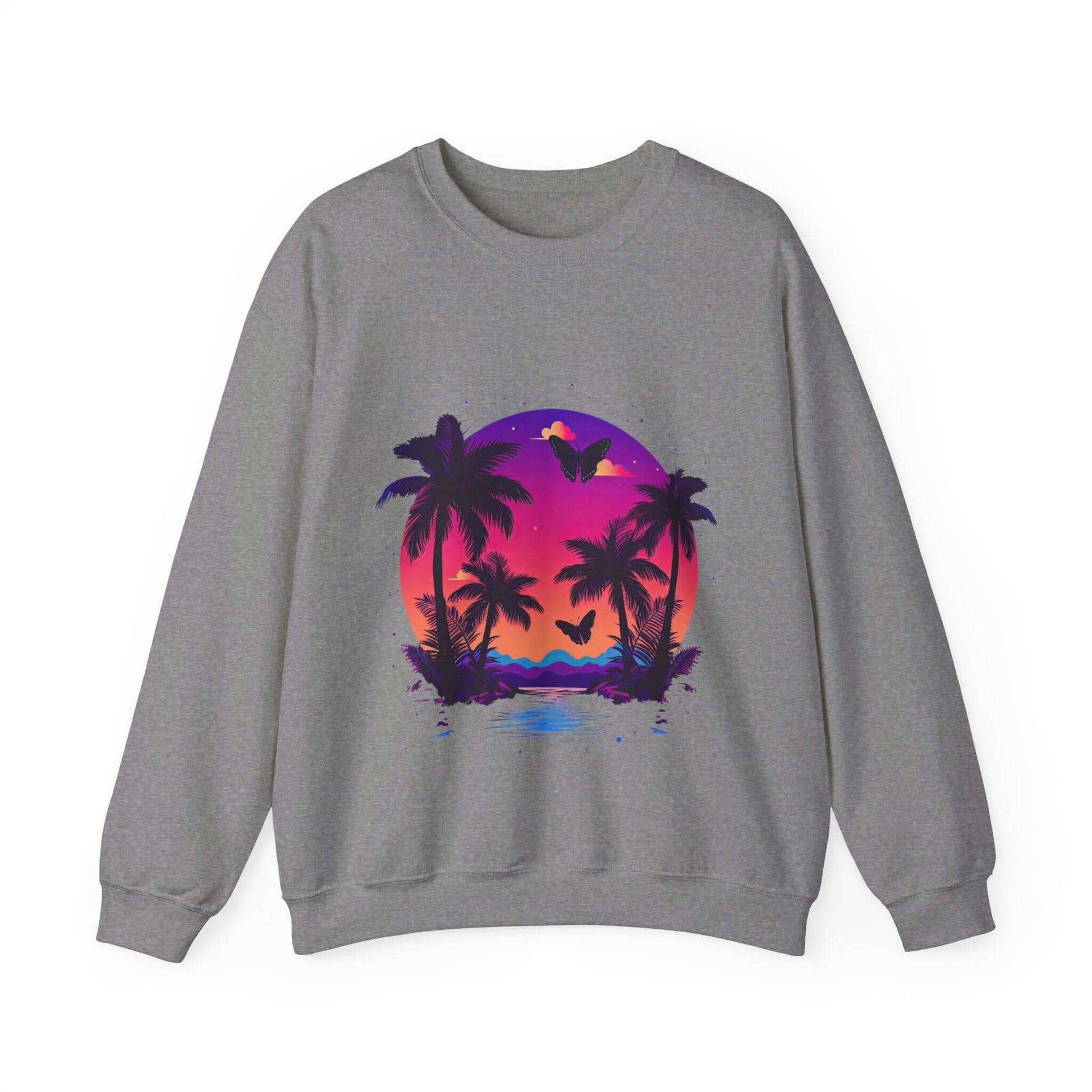 Tropical Sunset Crewneck Sweatshirt for Vibrant Relaxation Graphite Heather