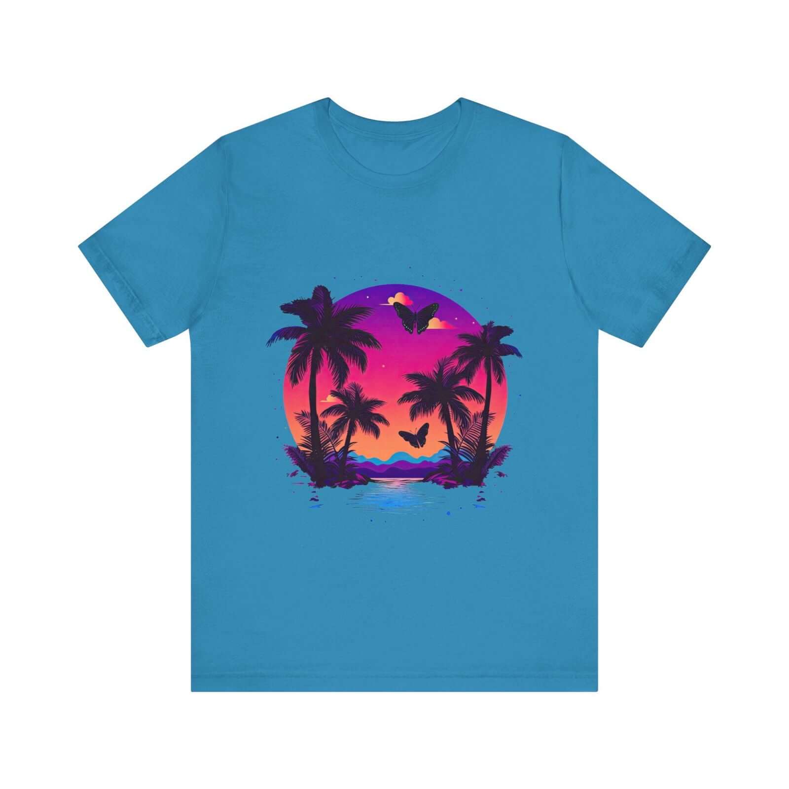 Tropical Sunset T-Shirt with Palm Trees and Colorful Butterflies