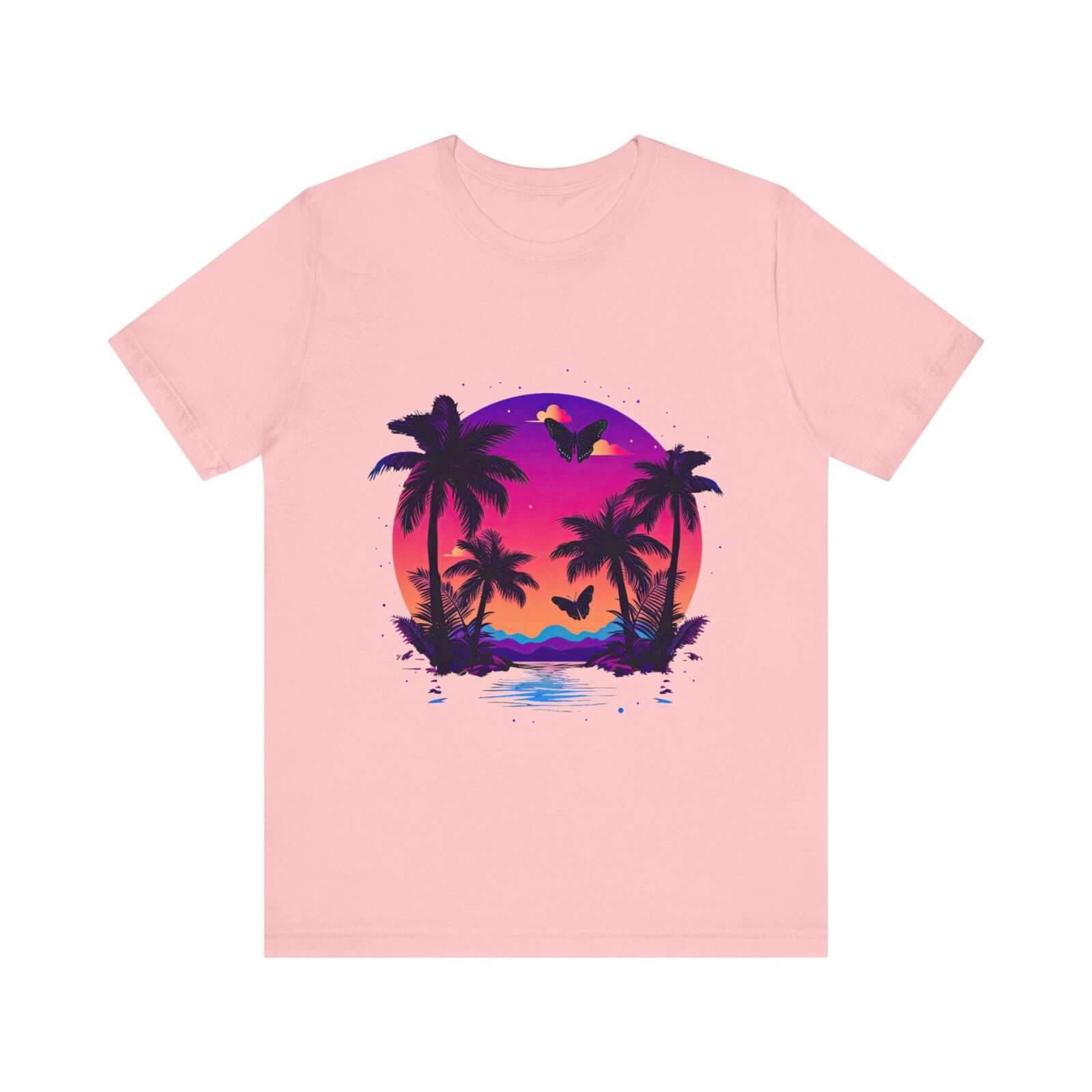 Tropical Sunset T-Shirt with Palm Trees and Colorful Butterflies