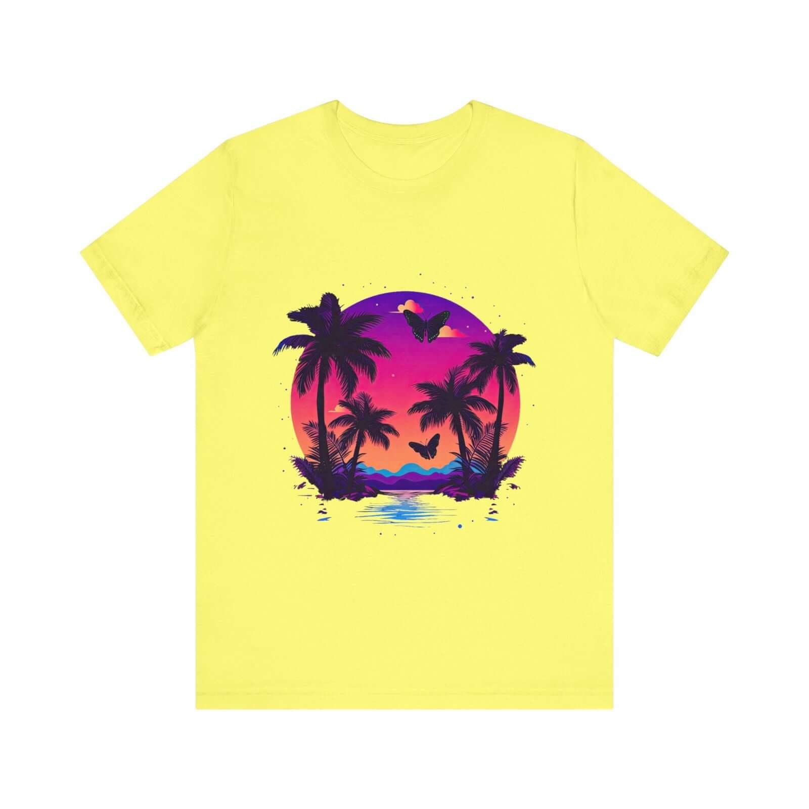 Tropical Sunset T-Shirt with Palm Trees and Colorful Butterflies