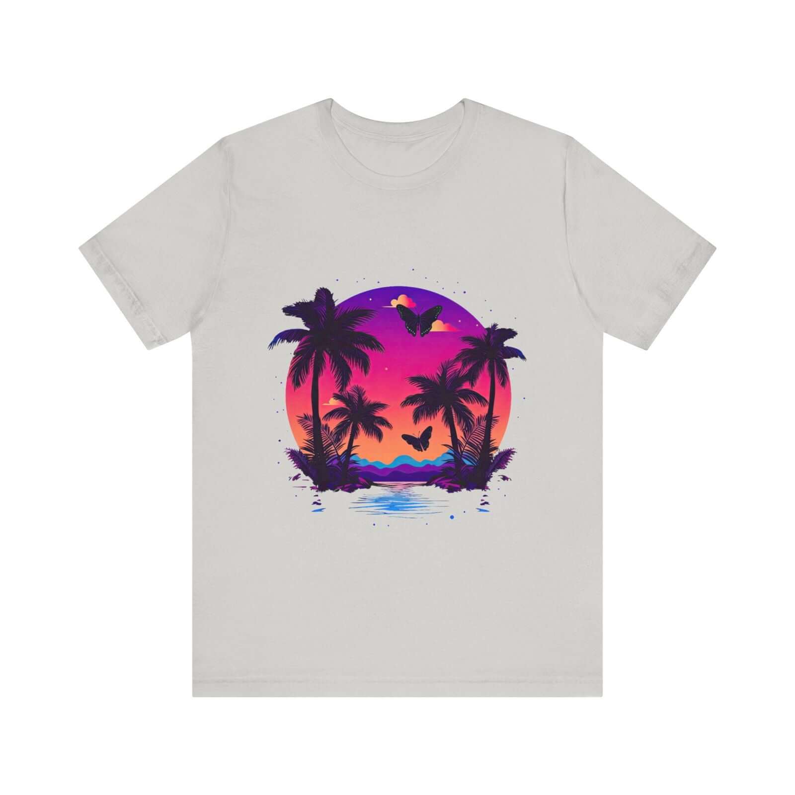 Tropical Sunset T-Shirt with Palm Trees and Colorful Butterflies