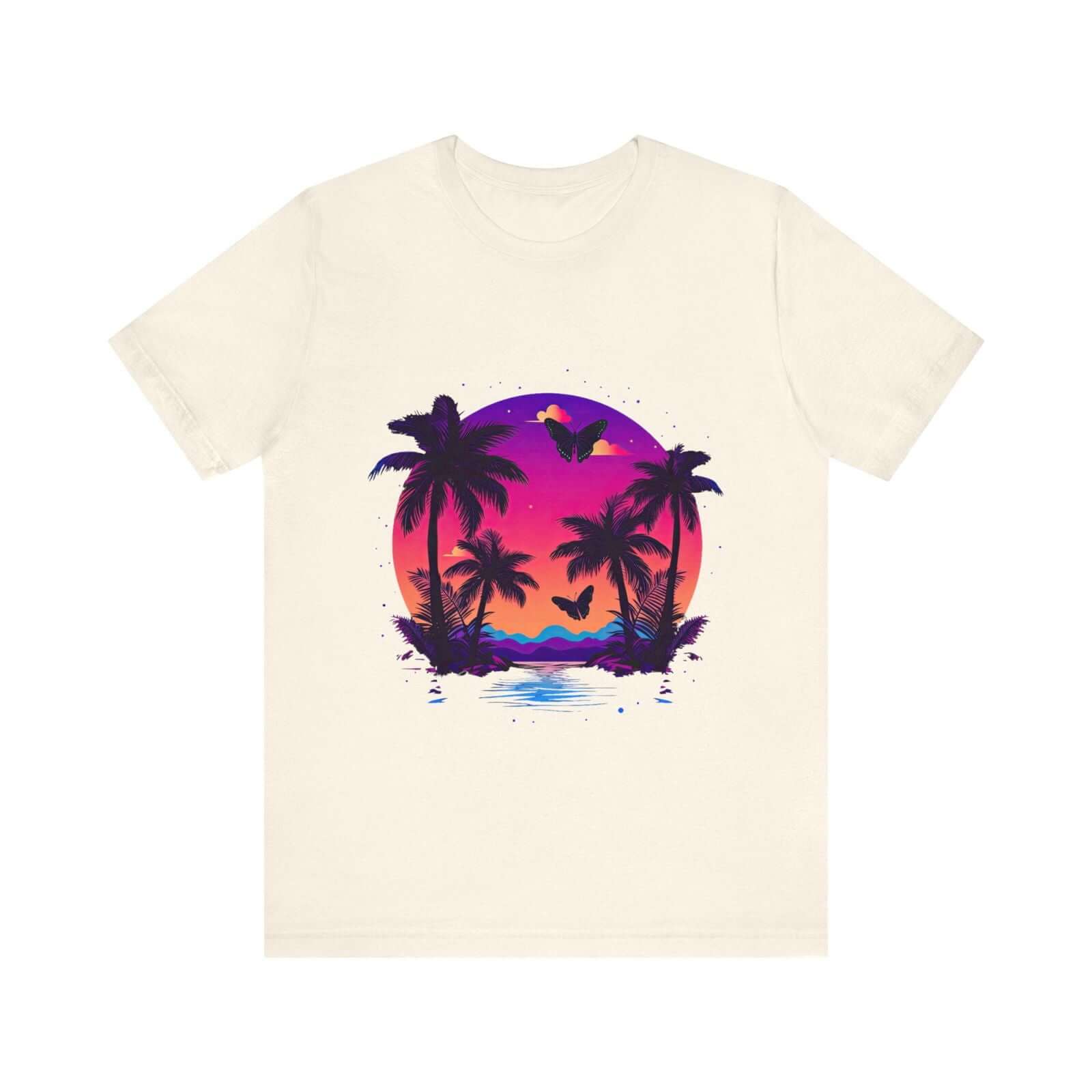 Tropical Sunset T-Shirt with Palm Trees and Colorful Butterflies