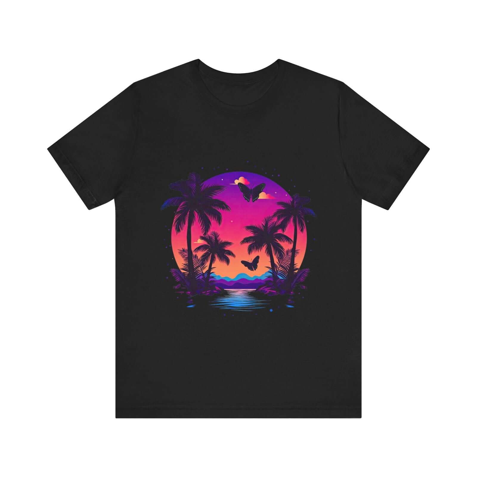 Tropical Sunset T-Shirt with Palm Trees and Colorful Butterflies