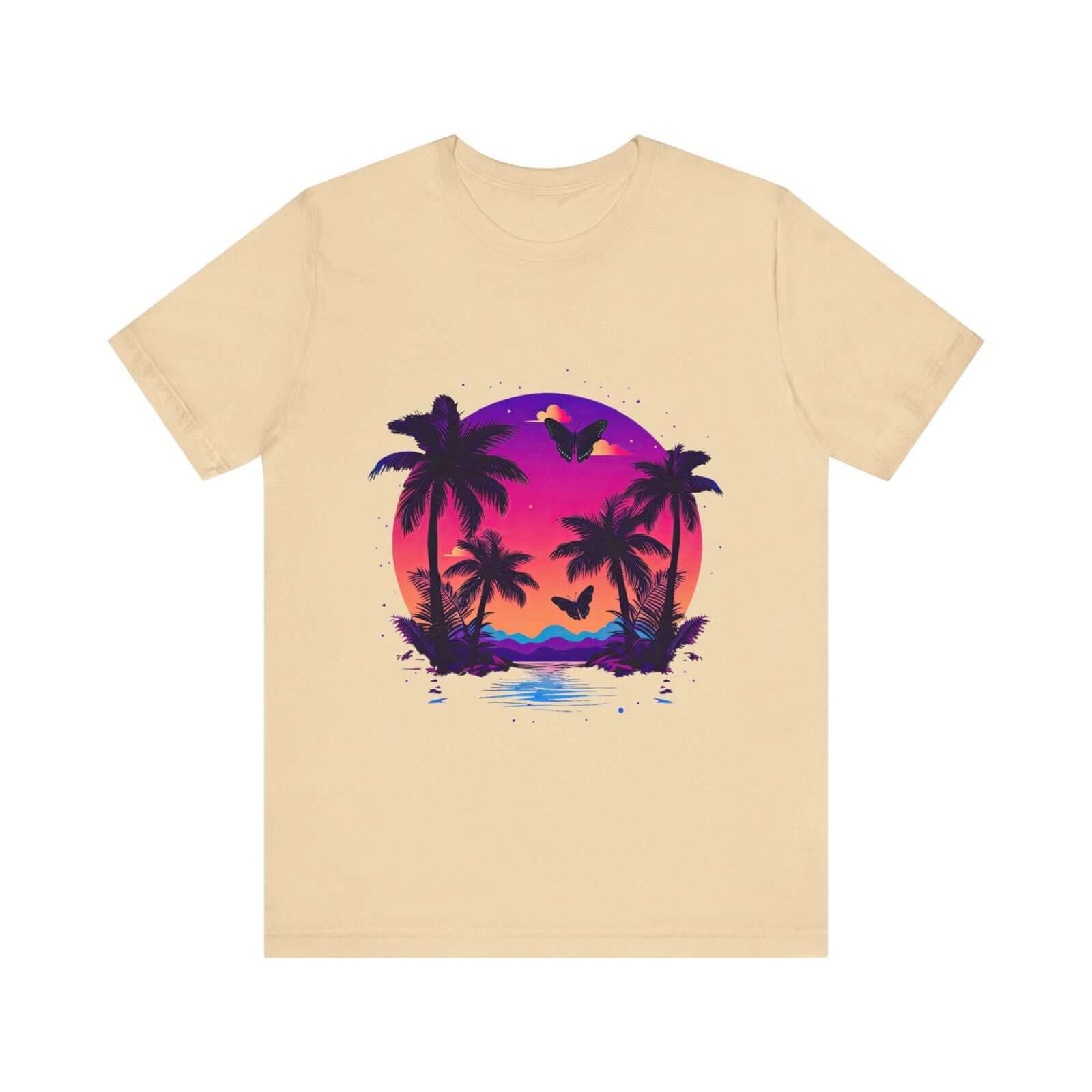 Tropical Sunset T-Shirt with Palm Trees and Colorful Butterflies