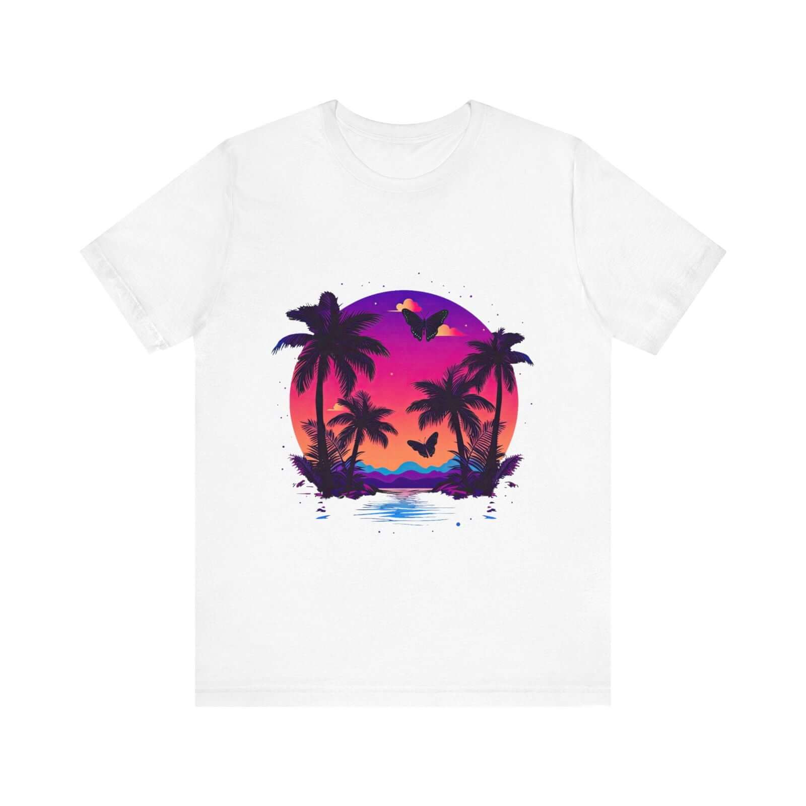 Tropical Sunset T-Shirt with Palm Trees and Colorful Butterflies