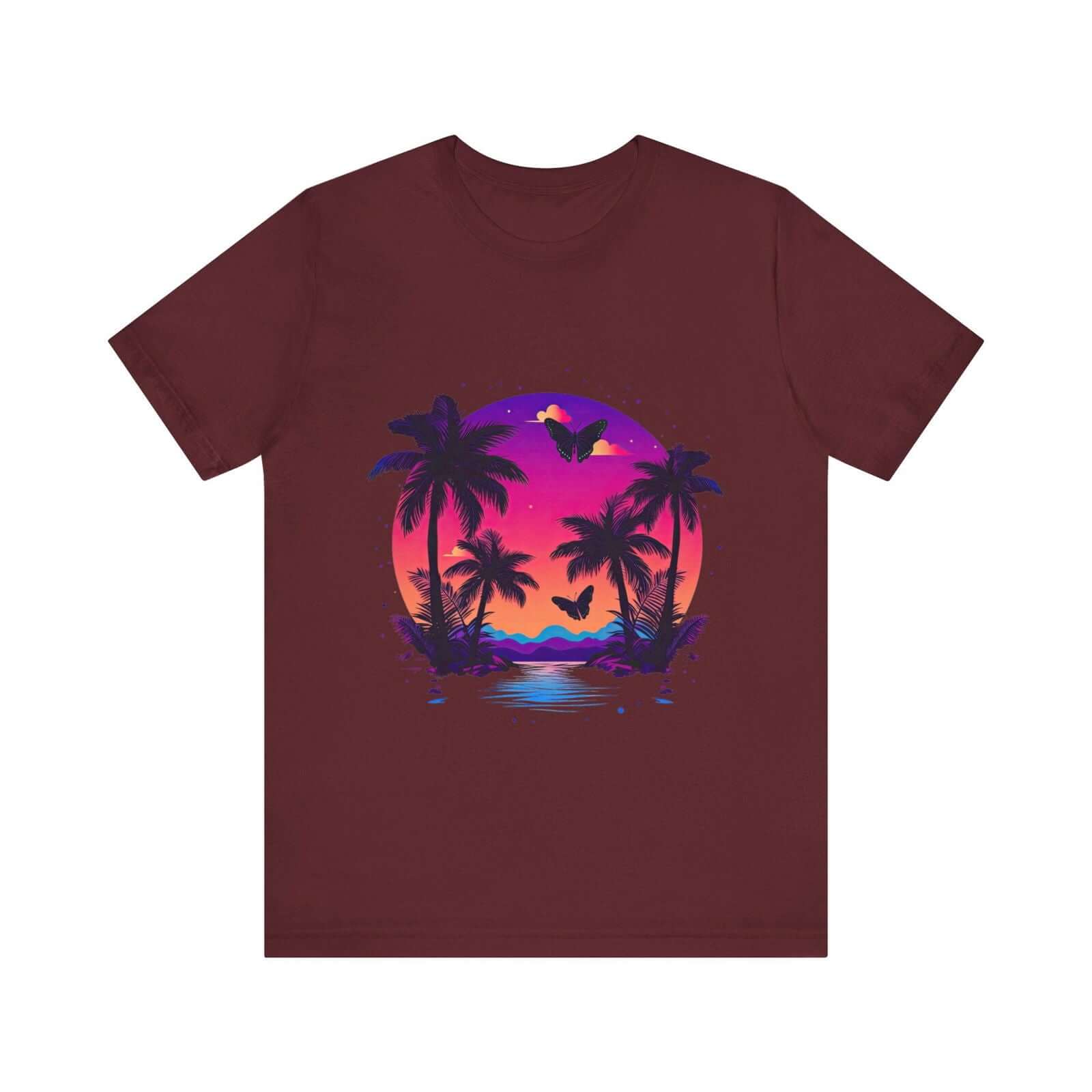 Tropical Sunset T-Shirt with Palm Trees and Colorful Butterflies