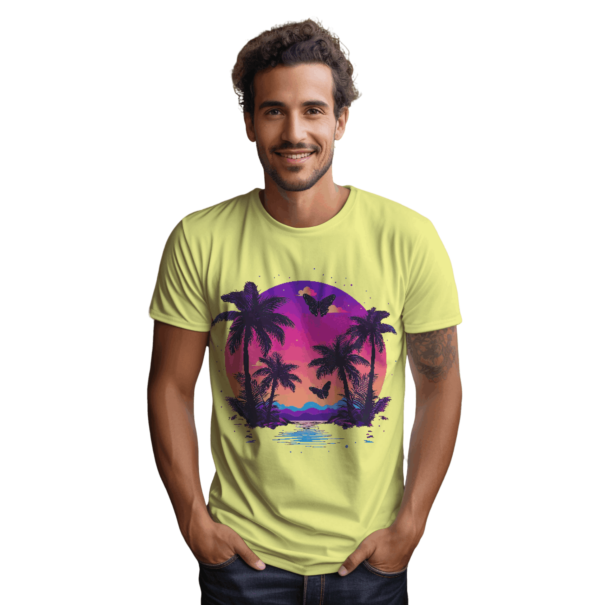 Tropical Sunset T-Shirt with Palm Trees and Colorful Butterflies Yellow