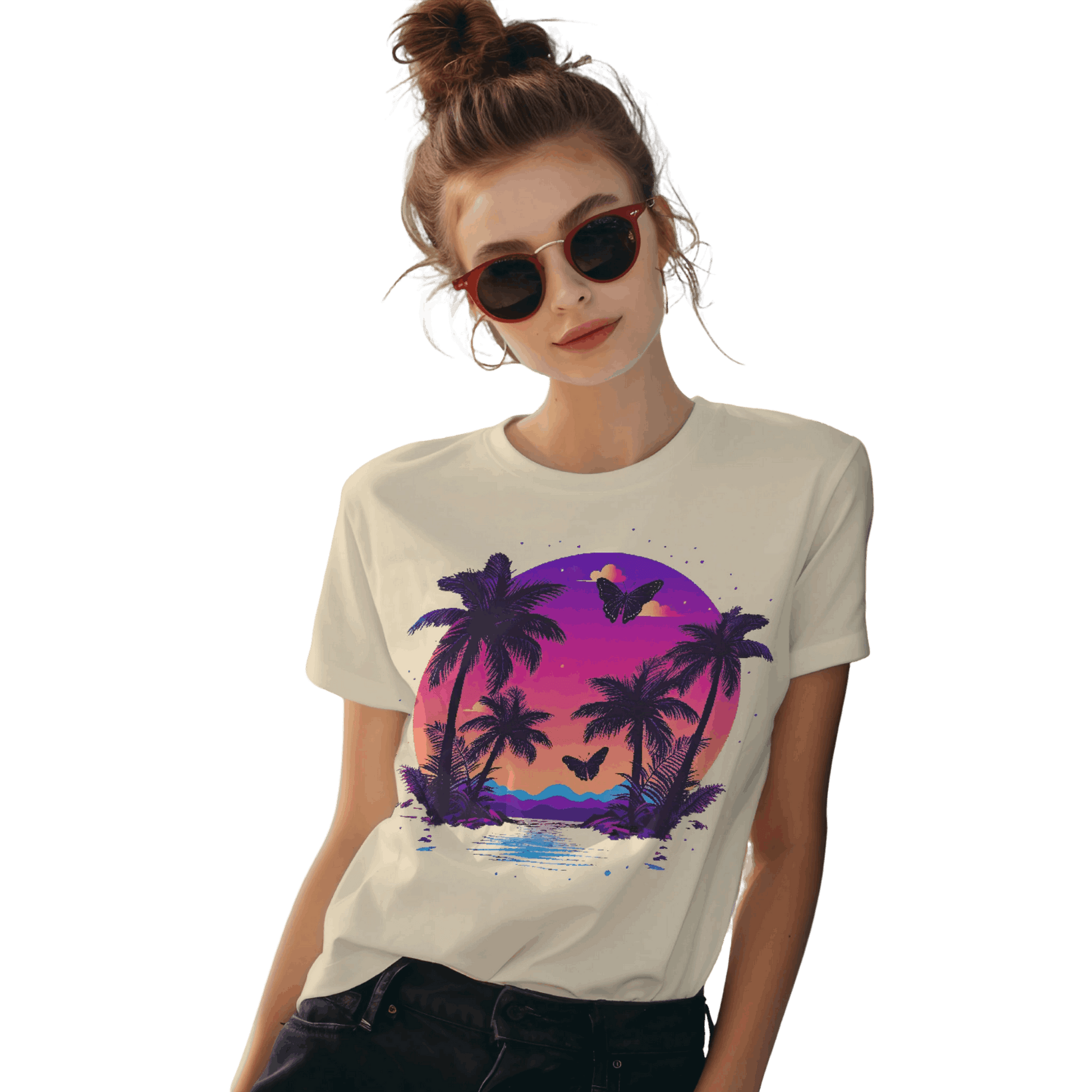 Tropical Sunset T-Shirt with Palm Trees and Colorful Butterflies